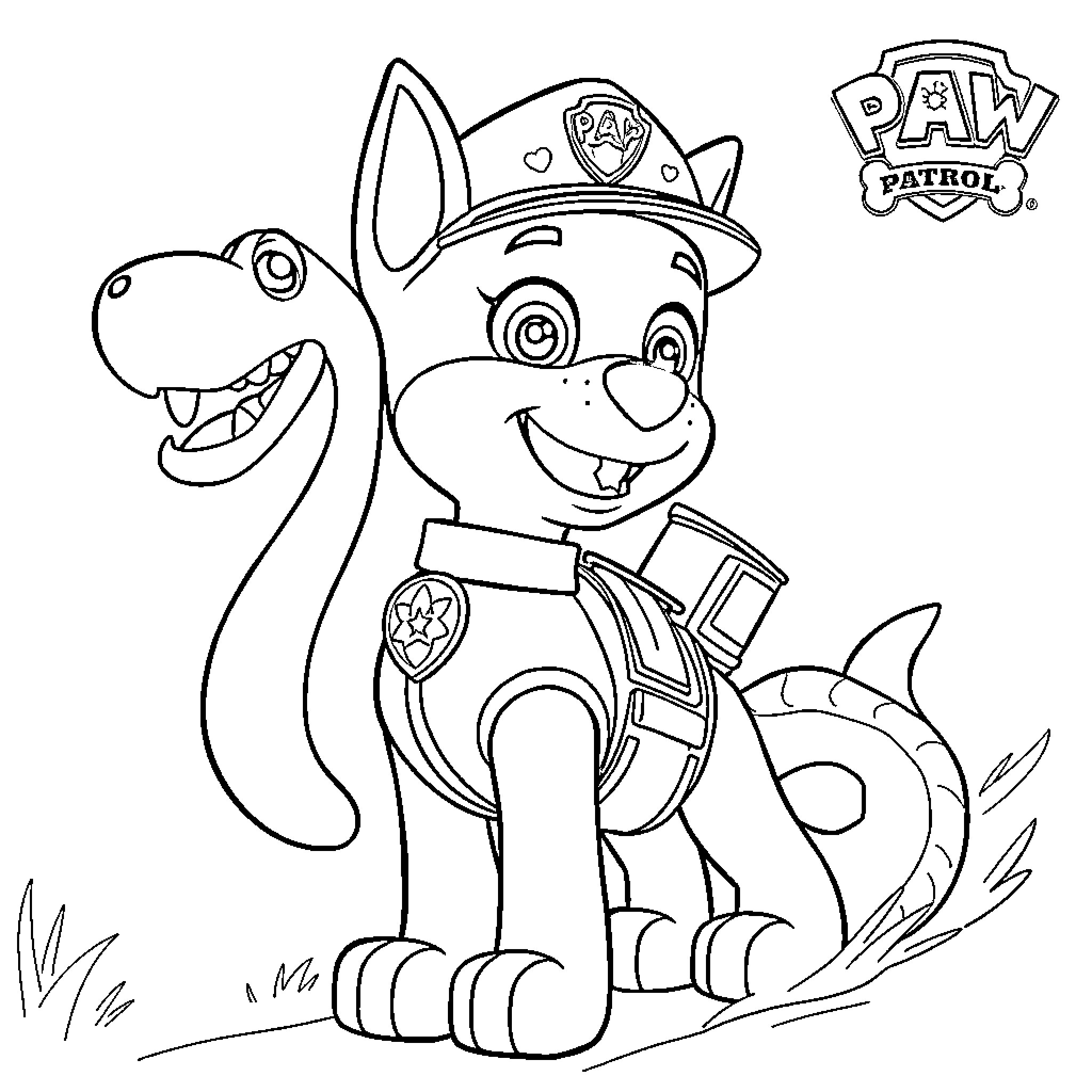 Paw Patrol pup in uniform posing happily Coloring Page (free black-and-white line drawing printable PDF for all, from beginners to advanced learners, including children, teens, adults, and seniors)
