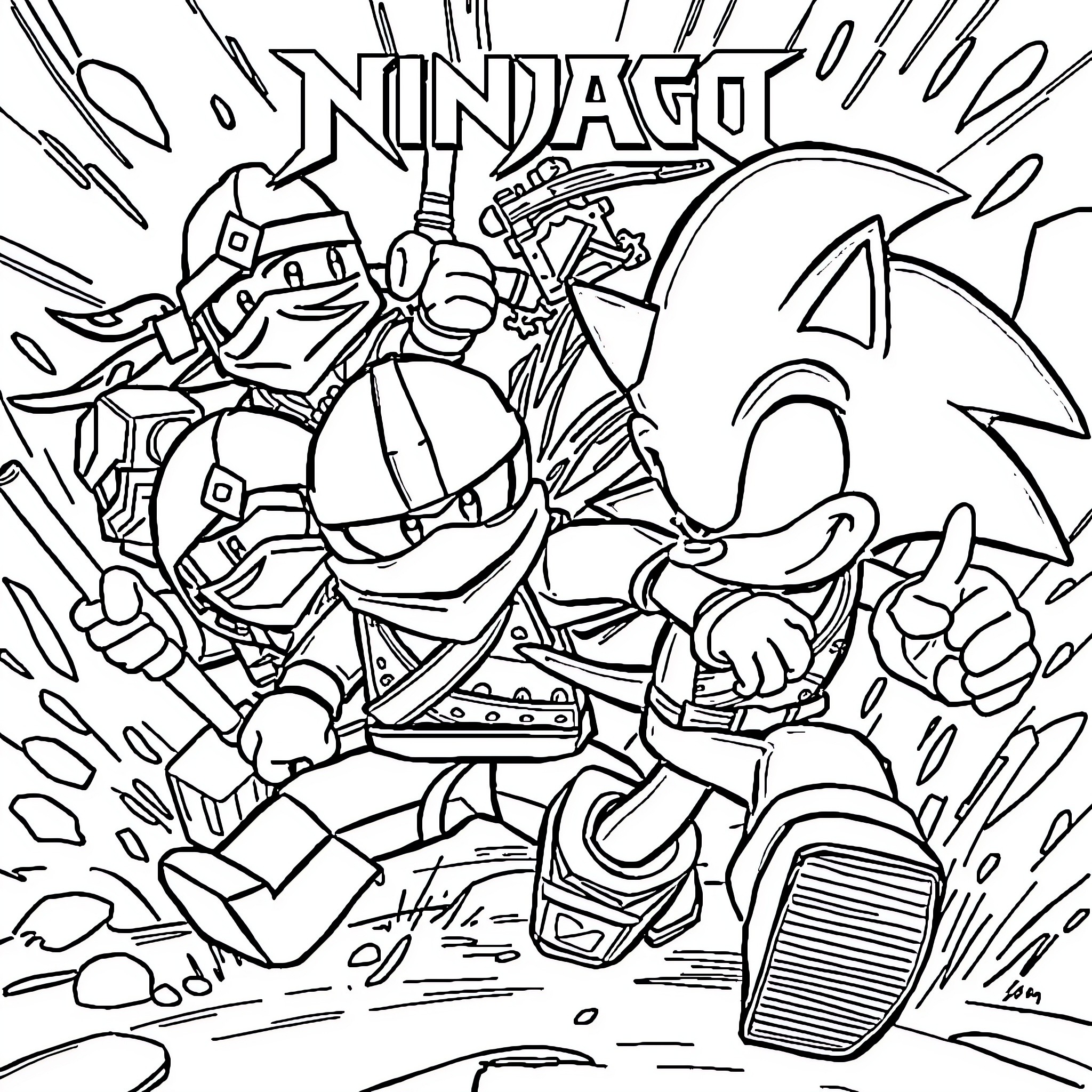 Ninjago warriors in epic combat Coloring Page (free black-and-white line drawing printable PDF for all, from beginners to advanced learners, including children, teens, adults, and seniors)