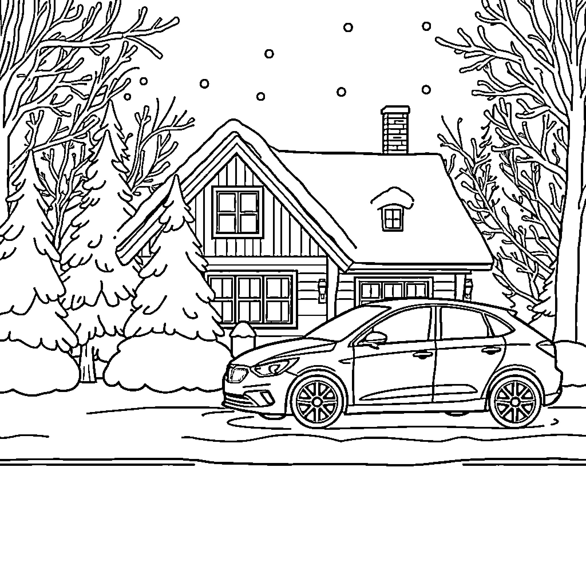 Car parked in snowy countryside landscape Coloring Page (free black-and-white line drawing printable PDF for all, from beginners to advanced learners, including children, teens, adults, and seniors)