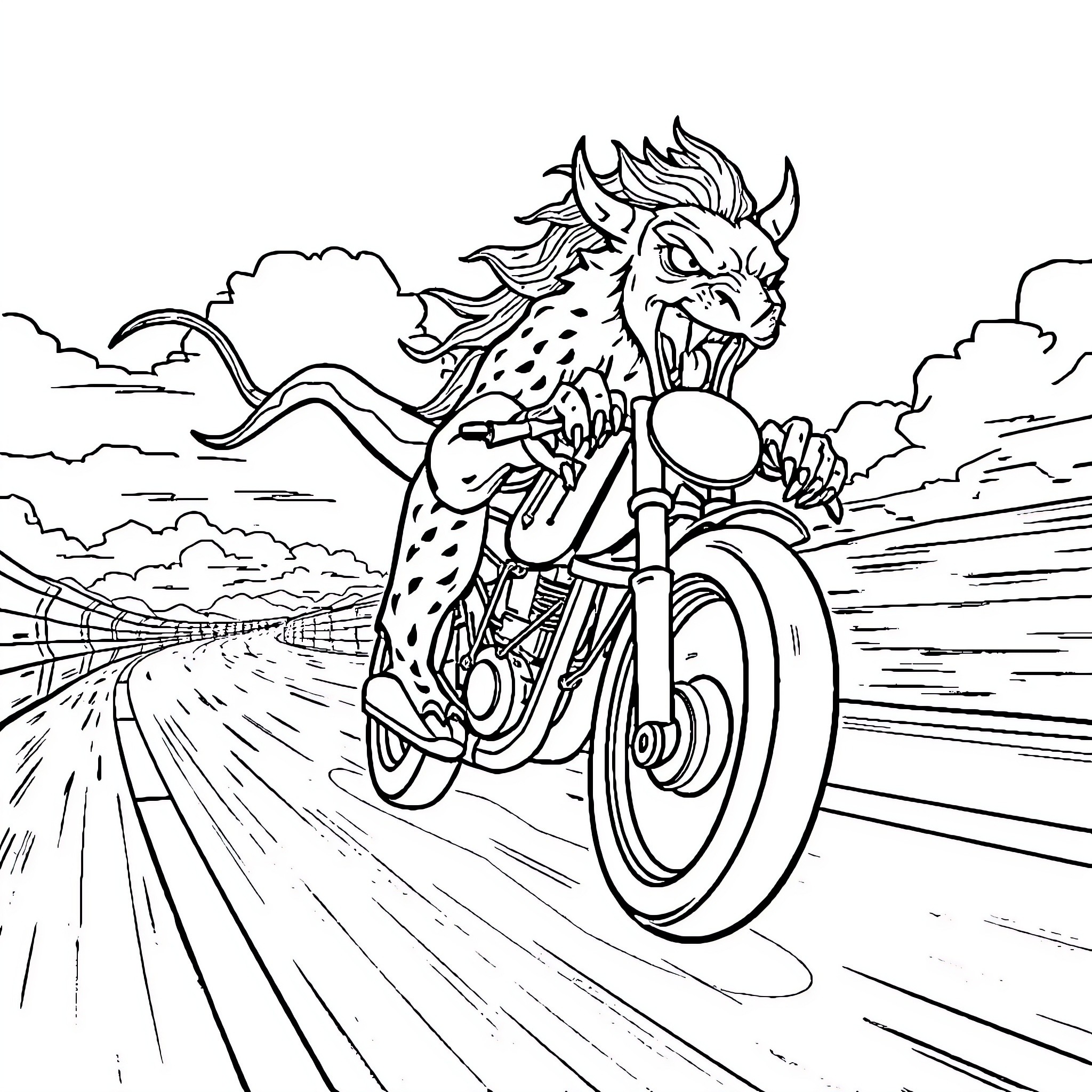 Spinosaurus riding a motorcycle on the open road Coloring Page (free black-and-white line drawing printable PDF for all, from beginners to advanced learners, including children, teens, adults, and seniors)