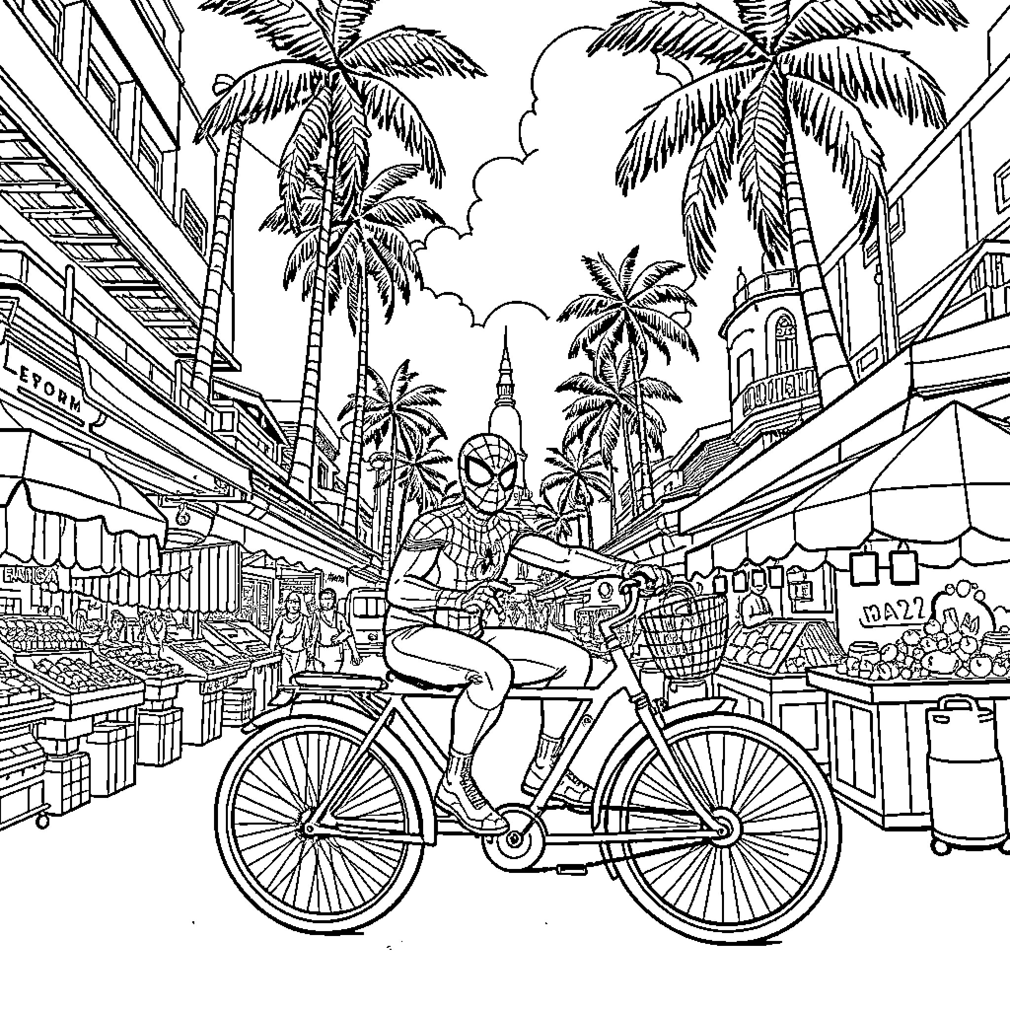 Spiderman's Tropical Adventure on a Bicycle Coloring Page (free black-and-white line drawing printable PDF for all, from beginners to advanced learners, including children, teens, adults, and seniors)