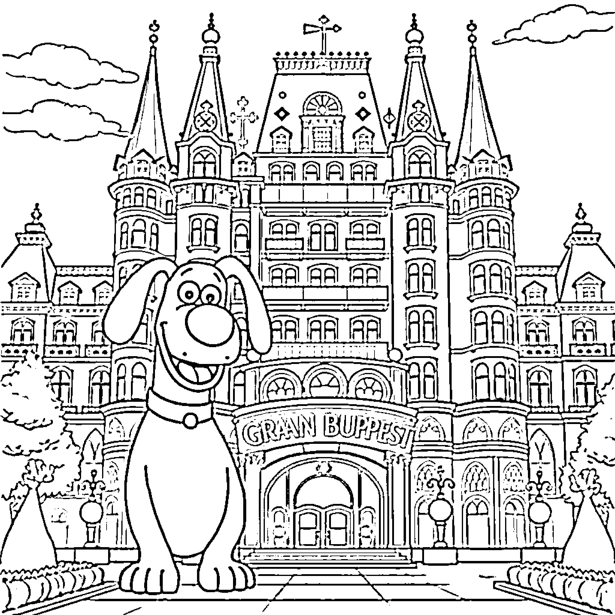 Wallace and Gromit's grand adventure at the ornate building Coloring Page (free black-and-white line drawing printable PDF for all, from beginners to advanced learners, including children, teens, adults, and seniors)