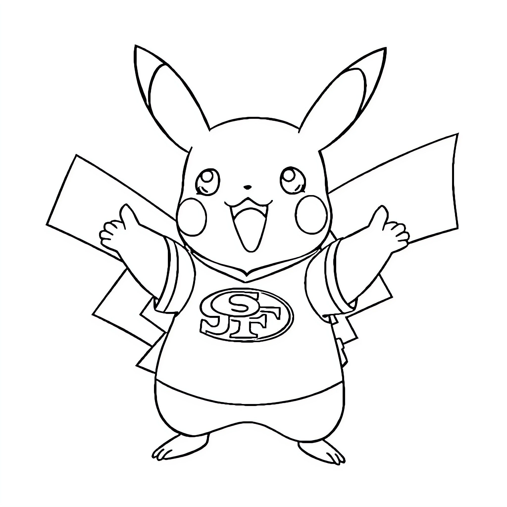 Pikachu cheering for the 49ers Coloring Page (free black-and-white line drawing printable PDF for all, from beginners to advanced learners, including children, teens, adults, and seniors)