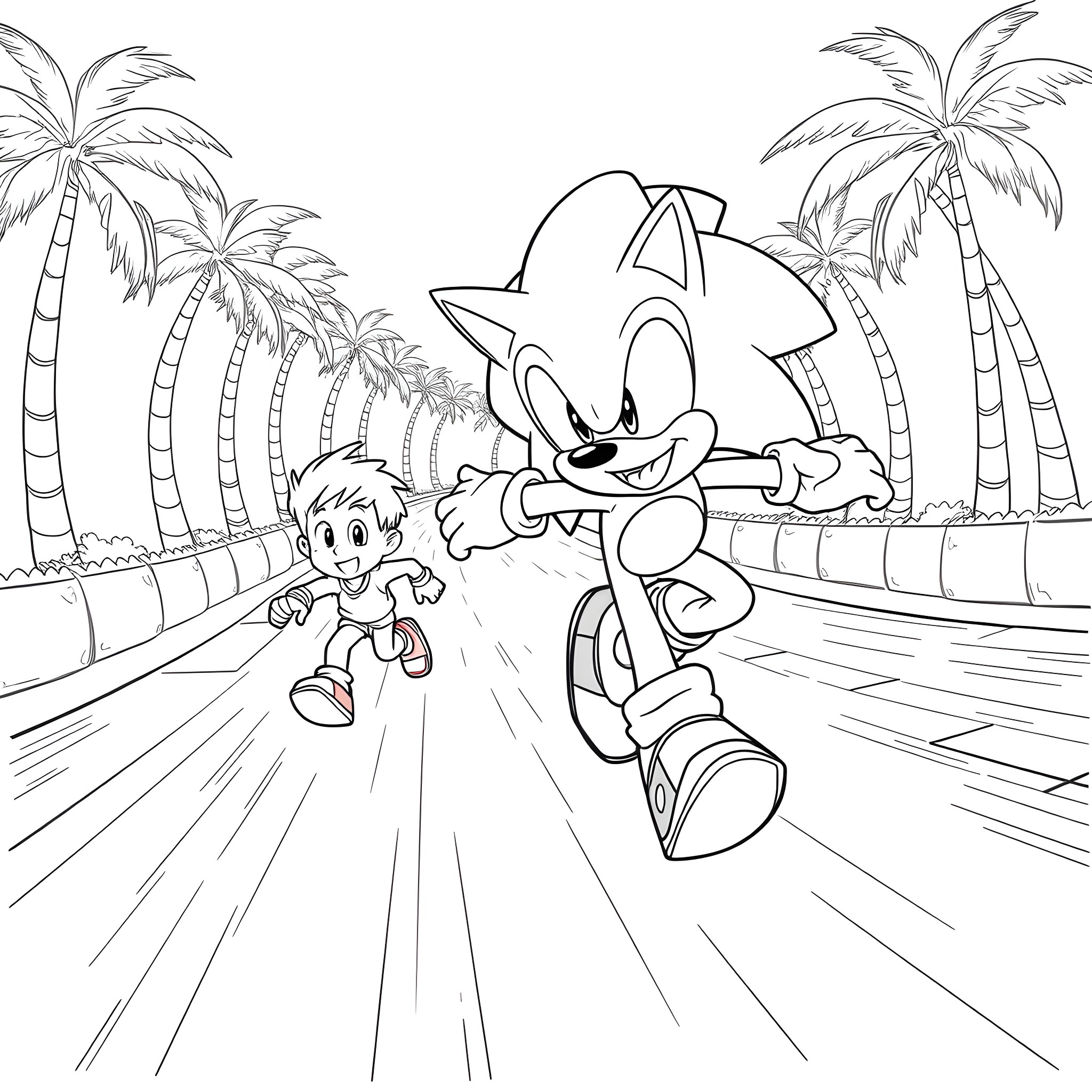 Sonic chasing after a young boy on a tropical road Coloring Page (free black-and-white line drawing printable PDF for all, from beginners to advanced learners, including children, teens, adults, and seniors)