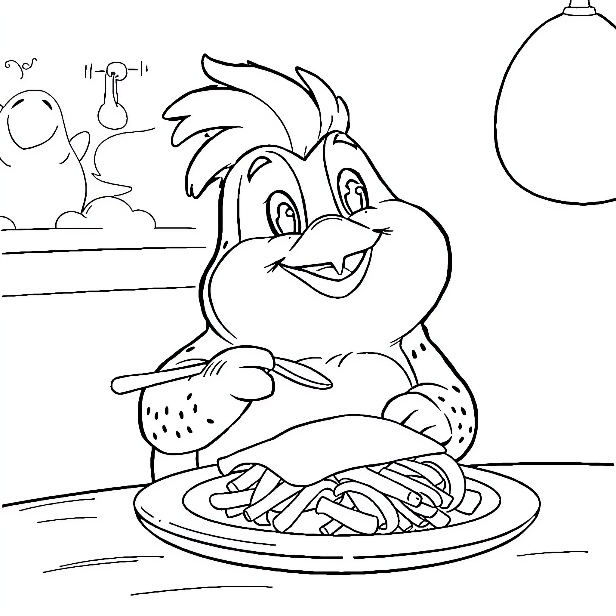 Ludovico's Playful Dining Adventure Coloring Page (free black-and-white line drawing printable PDF for all, from beginners to advanced learners, including children, teens, adults, and seniors)