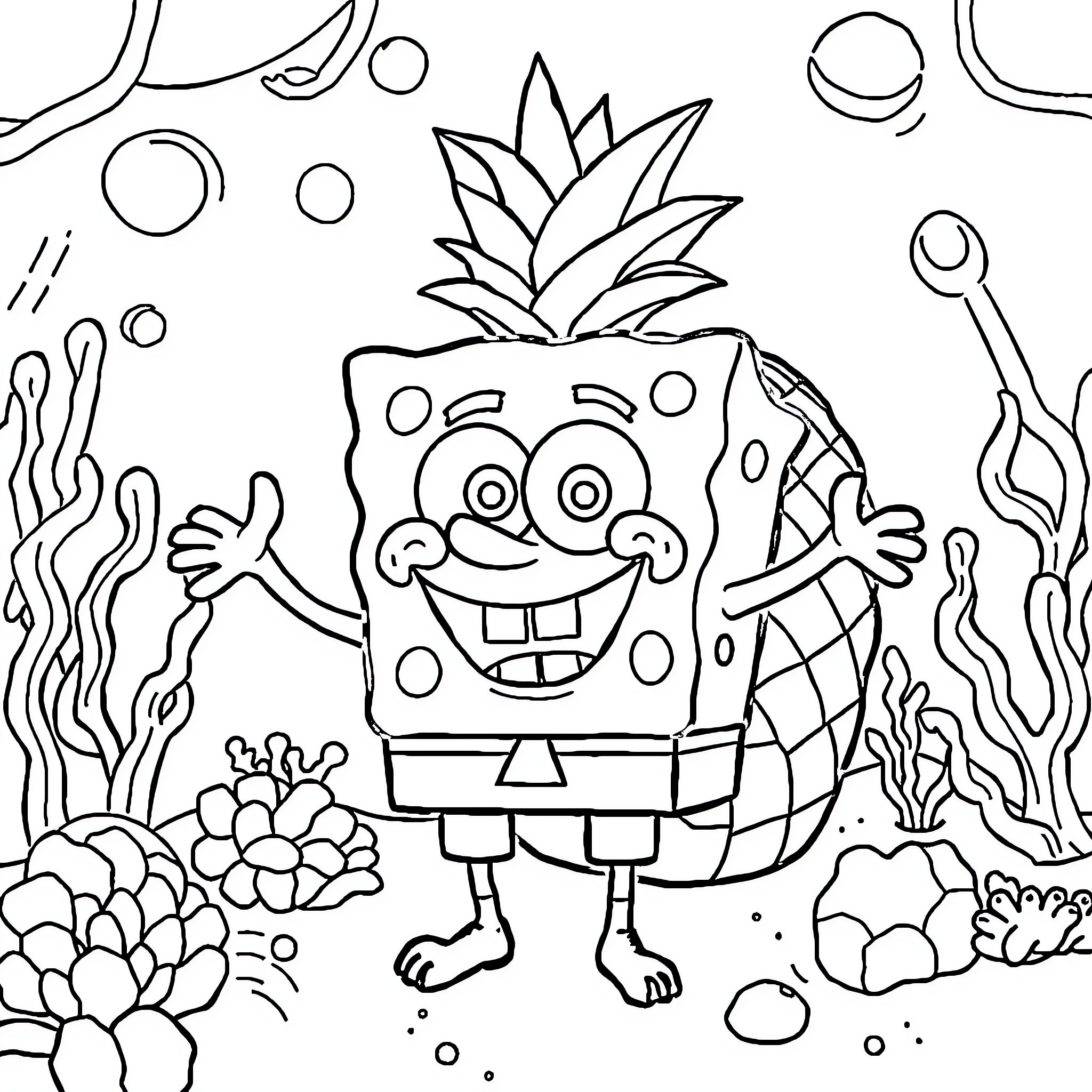 Bob esponja under the sea adventure Coloring Page (free black-and-white line drawing printable PDF for all, from beginners to advanced learners, including children, teens, adults, and seniors)