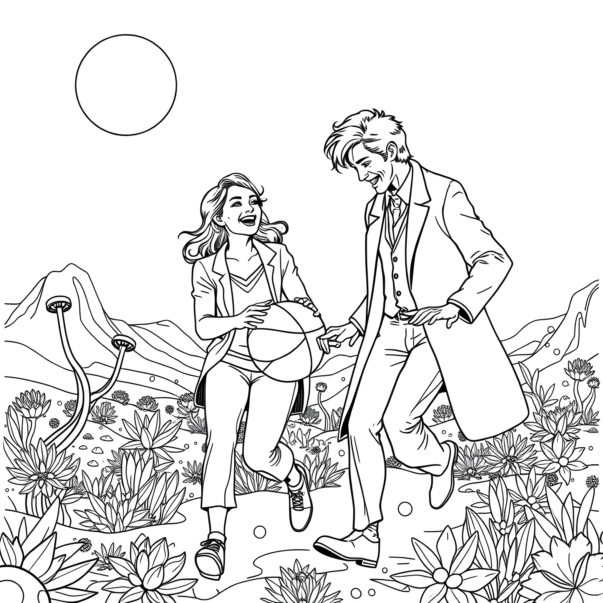 Doctor's Afternoon Stroll with Patient in Nature Coloring Page (free black-and-white line drawing printable PDF for all, from beginners to advanced learners, including children, teens, adults, and seniors)