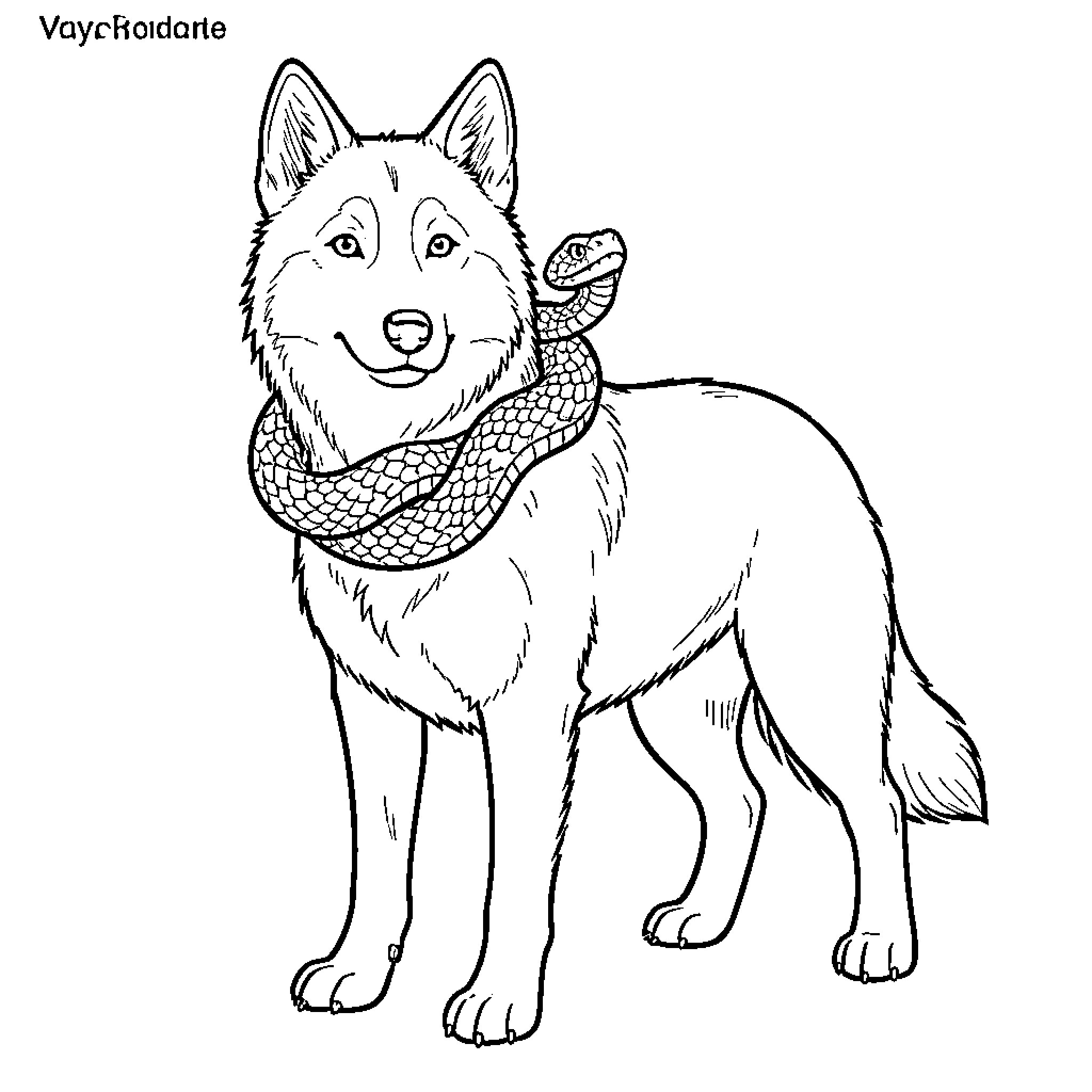 Husky with a snake draped around its neck Coloring Page (free black-and-white line drawing printable PDF for all, from beginners to advanced learners, including children, teens, adults, and seniors)