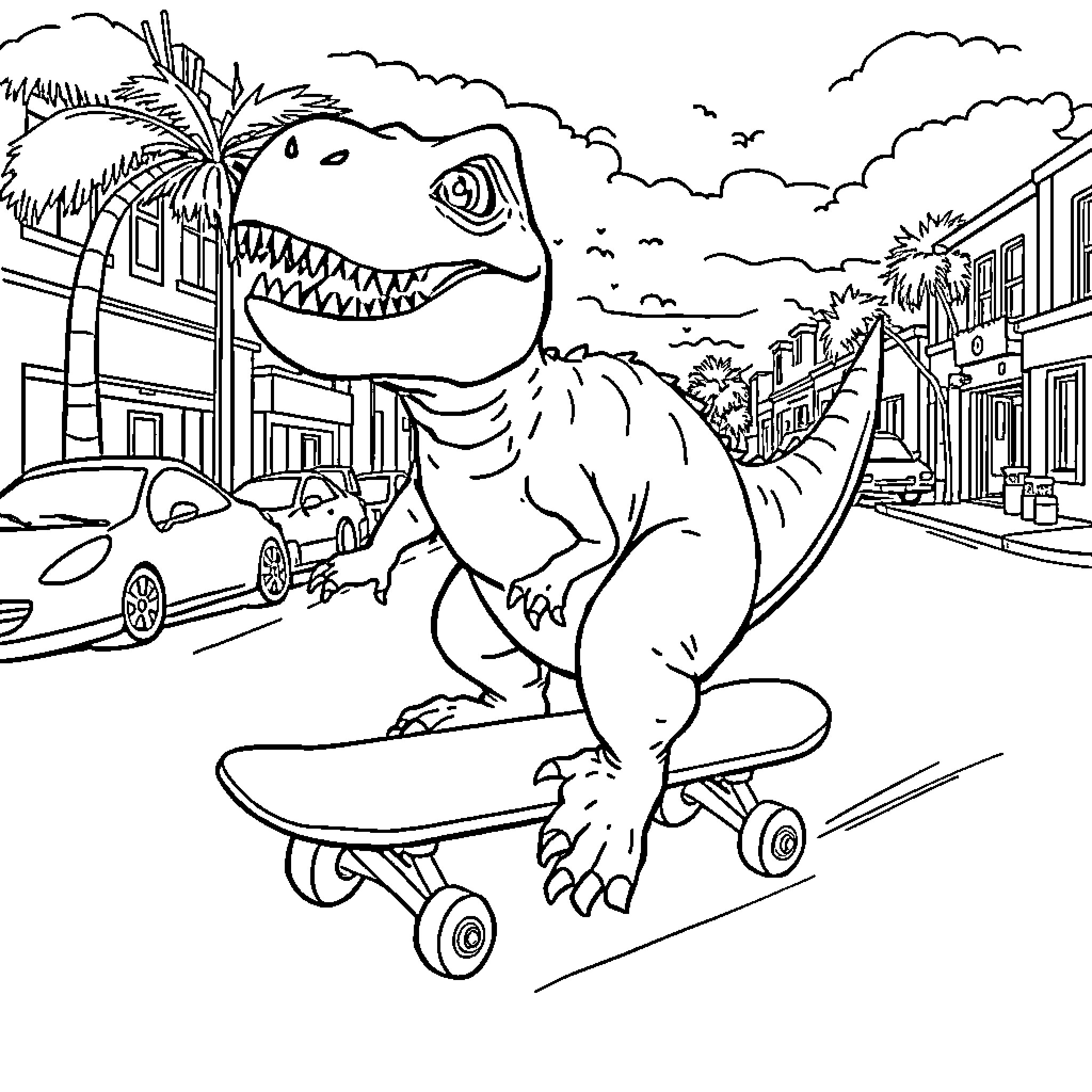 T-Rex skateboarding through the city Coloring Page (free black-and-white line drawing printable PDF for all, from beginners to advanced learners, including children, teens, adults, and seniors)