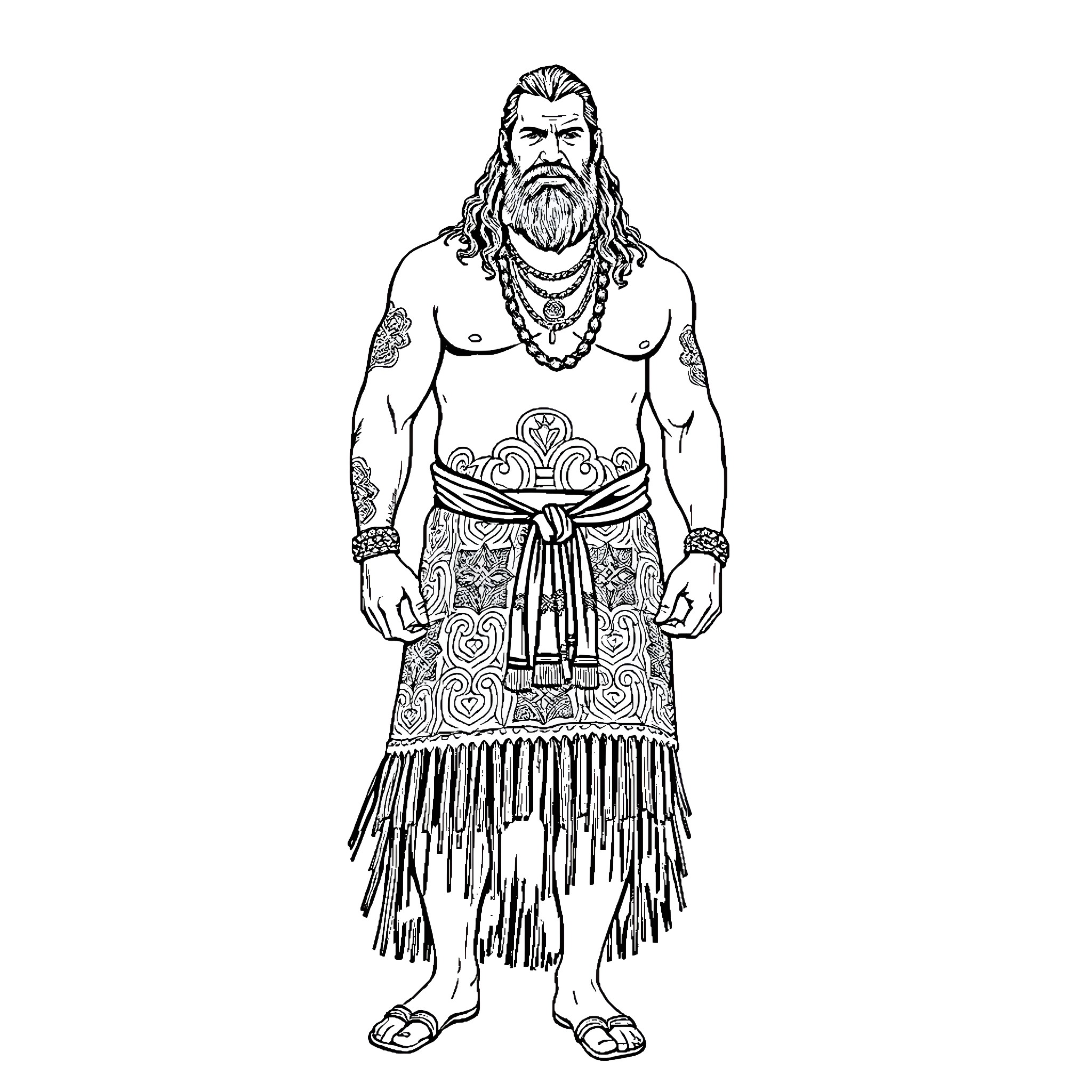 Jason Momoa as a powerful tribal warrior Coloring Page (free black-and-white line drawing printable PDF for all, from beginners to advanced learners, including children, teens, adults, and seniors)