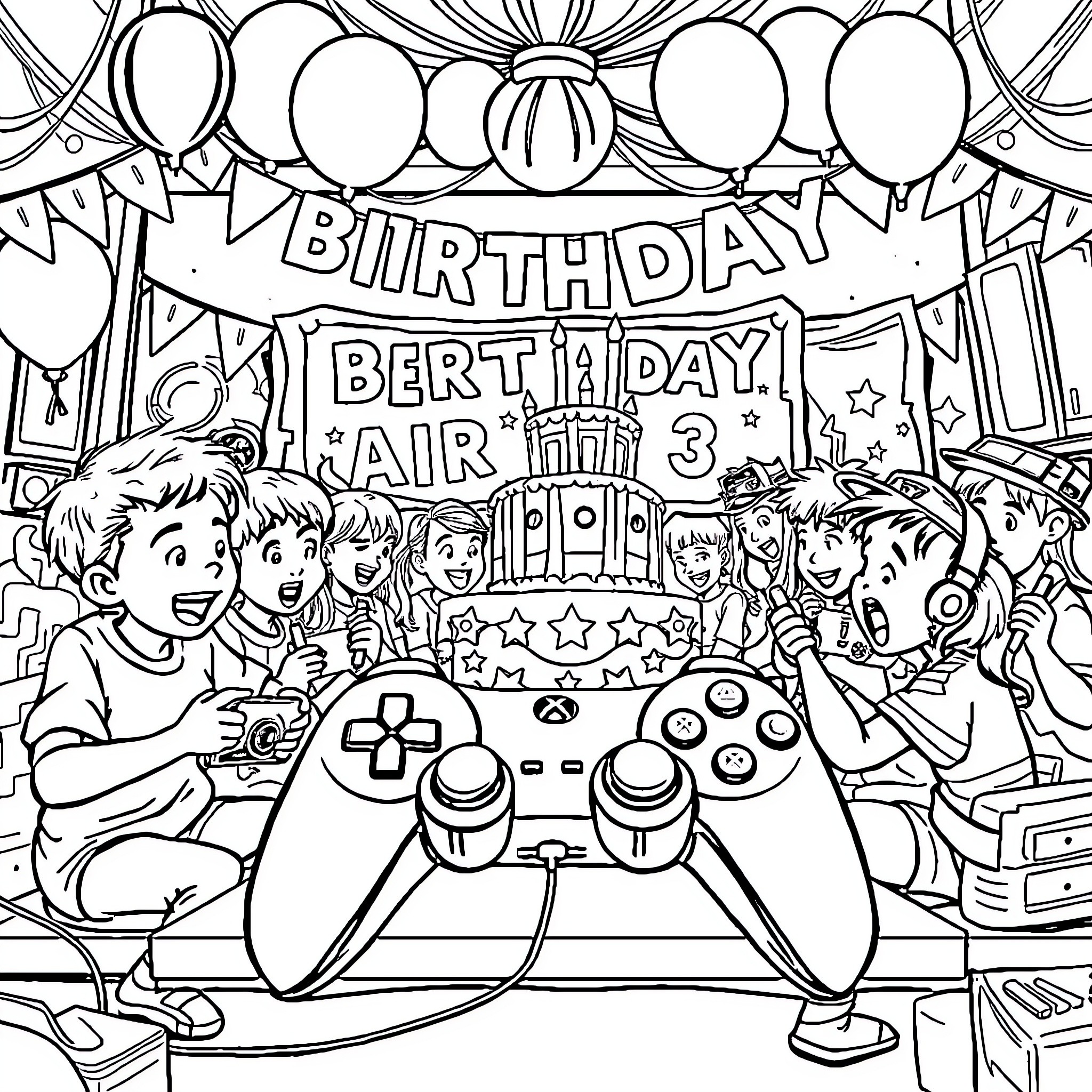 Gaming birthday celebration with friends and video games Coloring Page (free black-and-white line drawing printable PDF for all, from beginners to advanced learners, including children, teens, adults, and seniors)