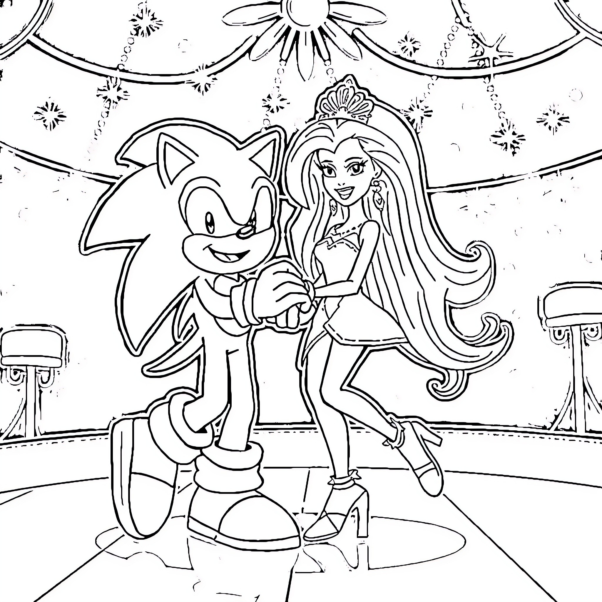 Sonic and Princess Enjoying Magical Stage Coloring Page (free black-and-white line drawing printable PDF for all, from beginners to advanced learners, including children, teens, adults, and seniors)