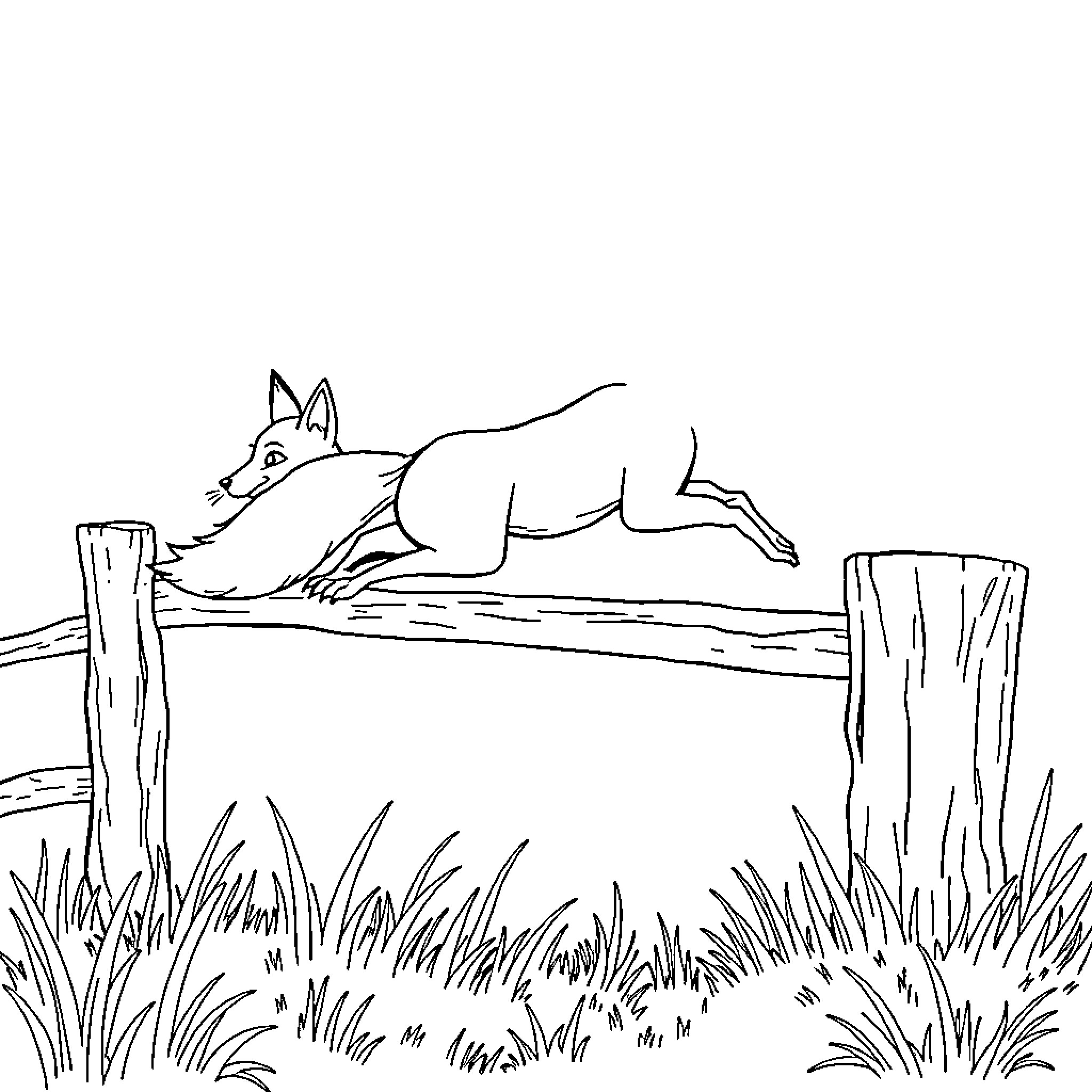 Fox jumping over a fence in a grassy field Coloring Page (free black-and-white line drawing printable PDF for all, from beginners to advanced learners, including children, teens, adults, and seniors)