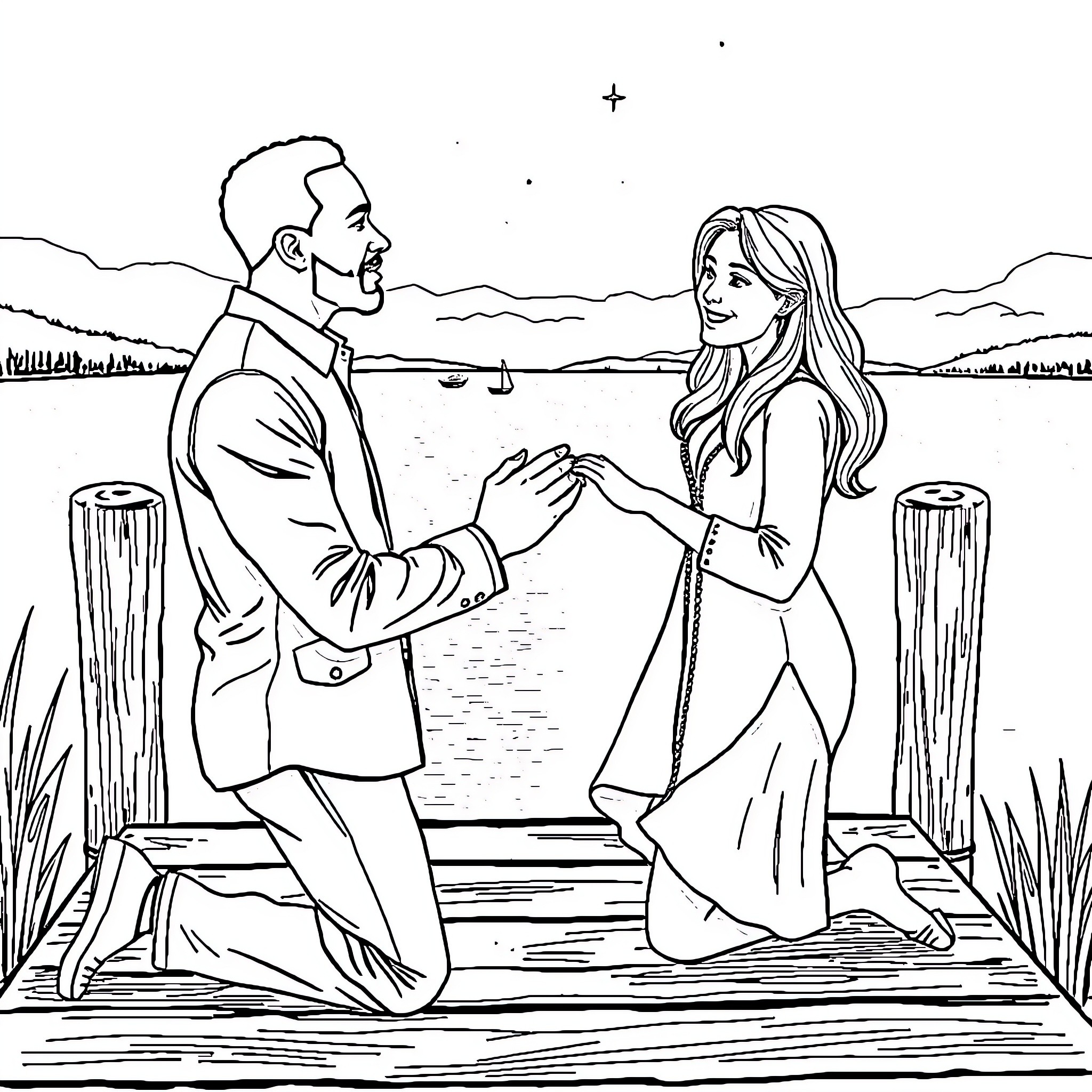 Proposal in a scenic outdoor setting Coloring Page (free black-and-white line drawing printable PDF for all, from beginners to advanced learners, including children, teens, adults, and seniors)