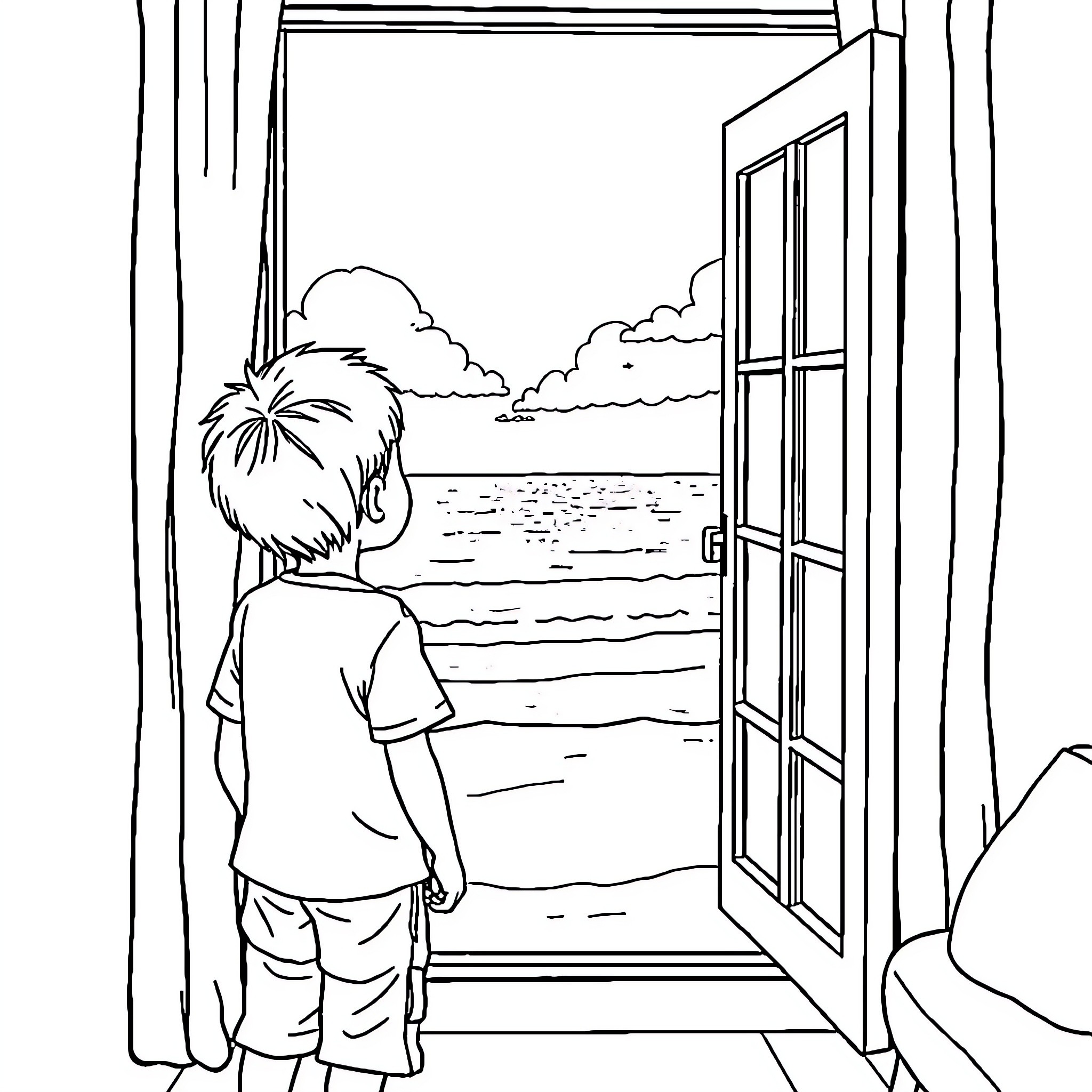 Boy looking out the window at the scenery Coloring Page (free black-and-white line drawing printable PDF for all, from beginners to advanced learners, including children, teens, adults, and seniors)