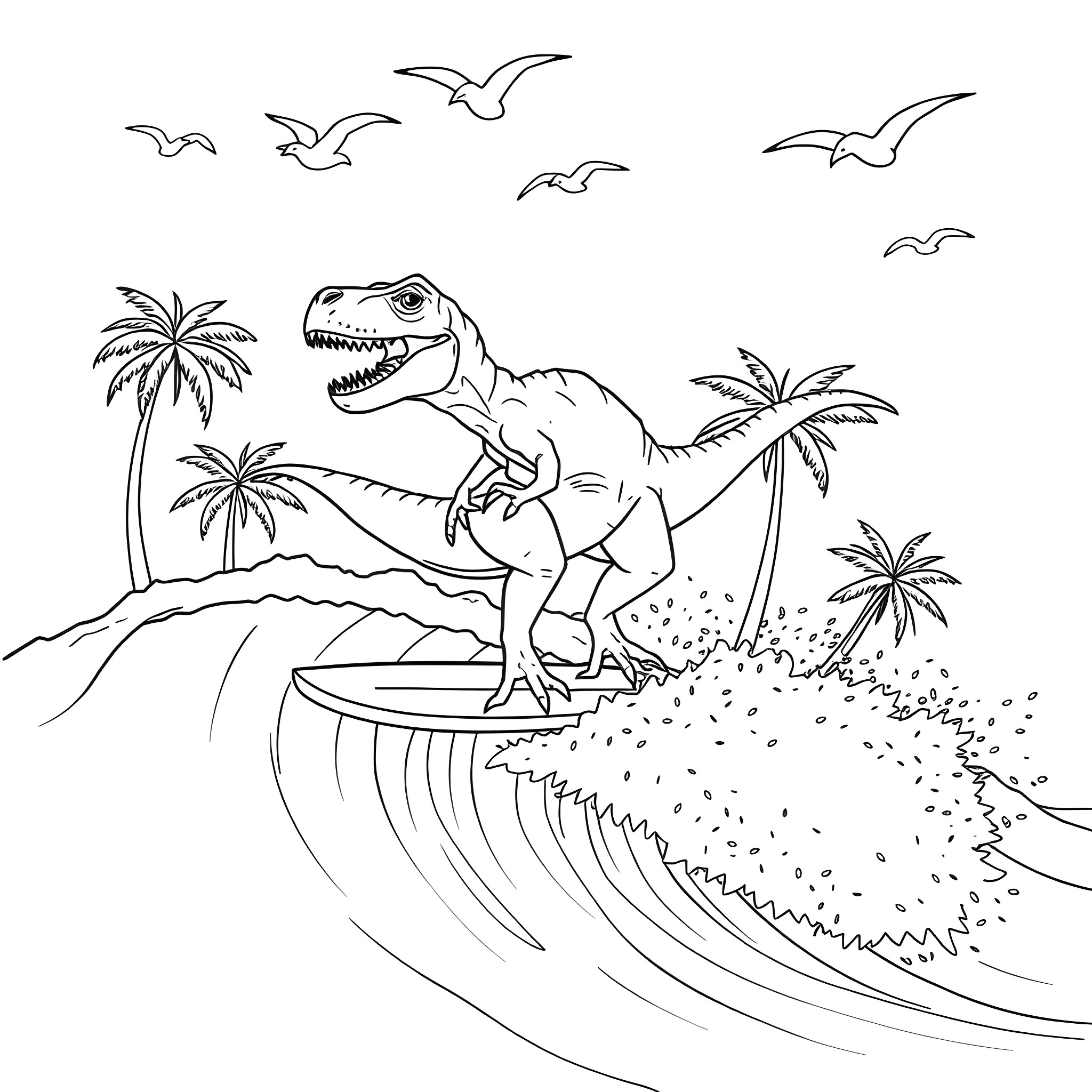 T-Rex Surfing Tropical Wave with Palm Trees Coloring Page (free black-and-white line drawing printable PDF for all, from beginners to advanced learners, including children, teens, adults, and seniors)
