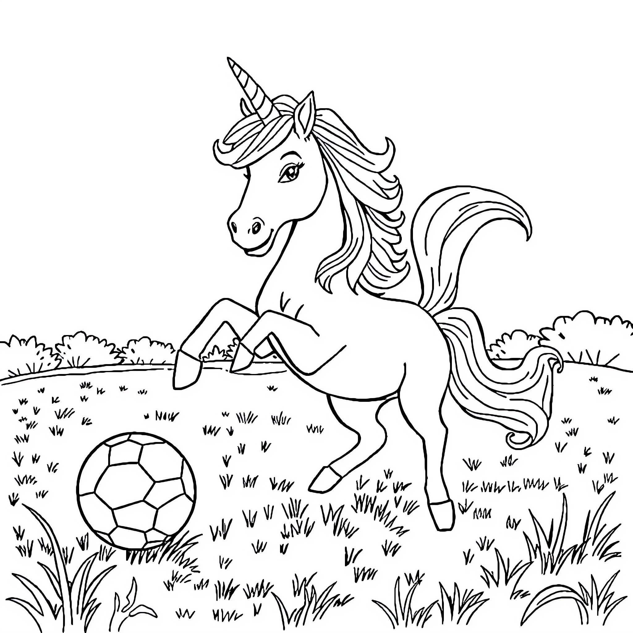 Unicorn playing with a soccer ball in a grassy field Coloring Page (free black-and-white line drawing printable PDF for all, from beginners to advanced learners, including children, teens, adults, and seniors)