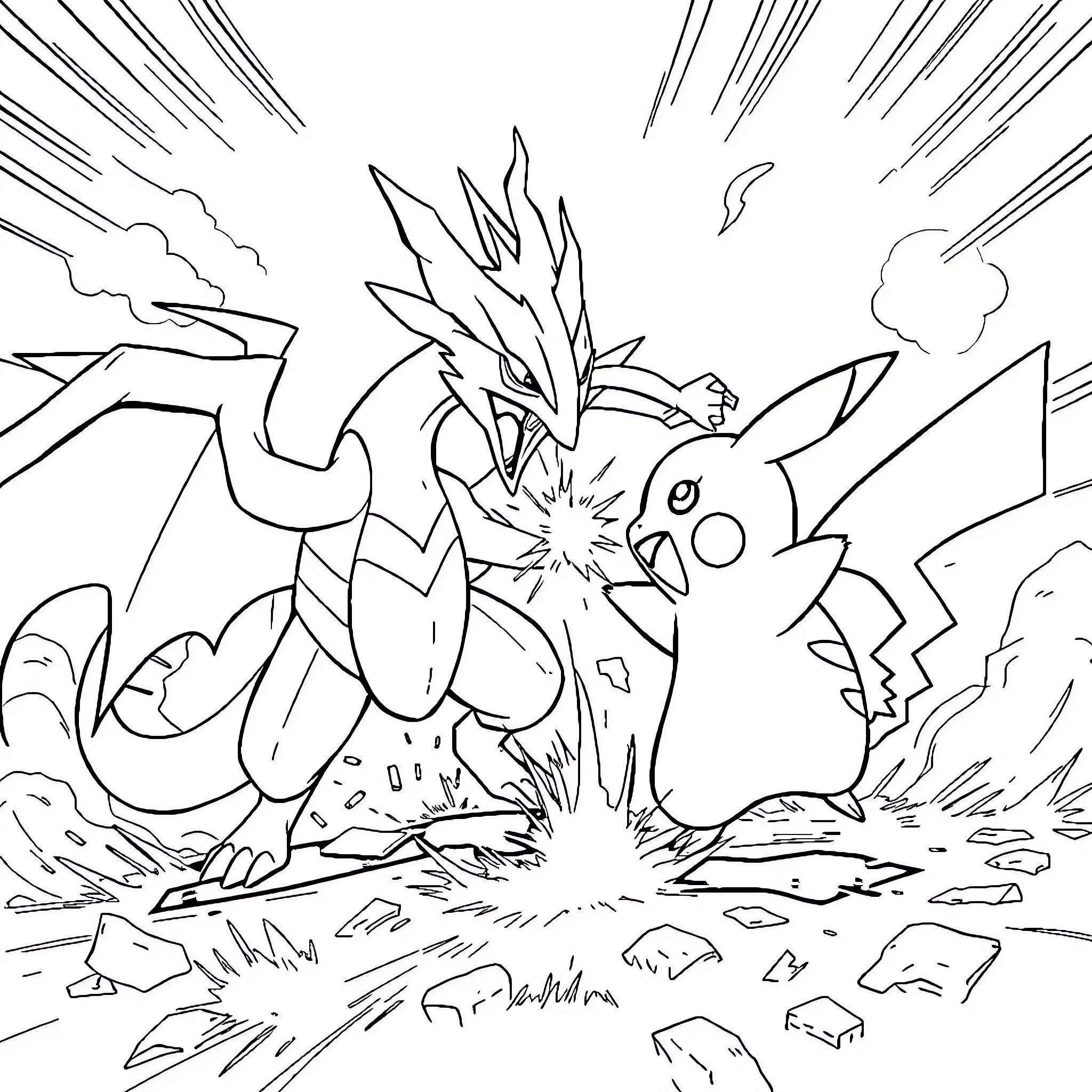 Flarion battle between fierce creatures Coloring Page (free black-and-white line drawing printable PDF for all, from beginners to advanced learners, including children, teens, adults, and seniors)