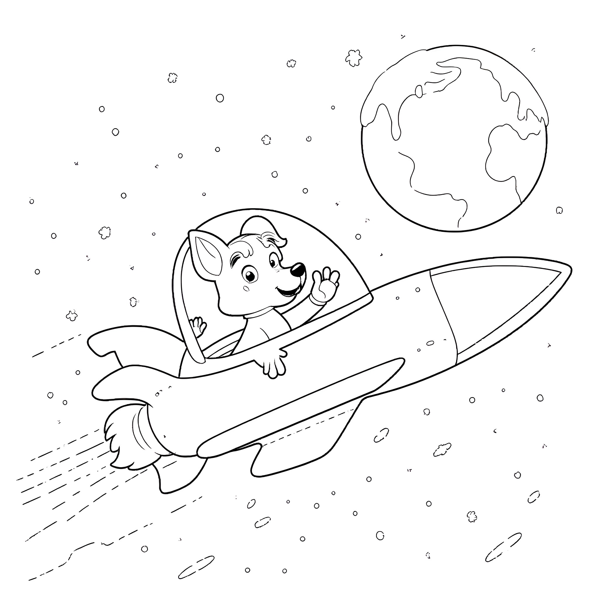 Dog traveling in a rocket through space Coloring Page (free black-and-white line drawing printable PDF for all, from beginners to advanced learners, including children, teens, adults, and seniors)