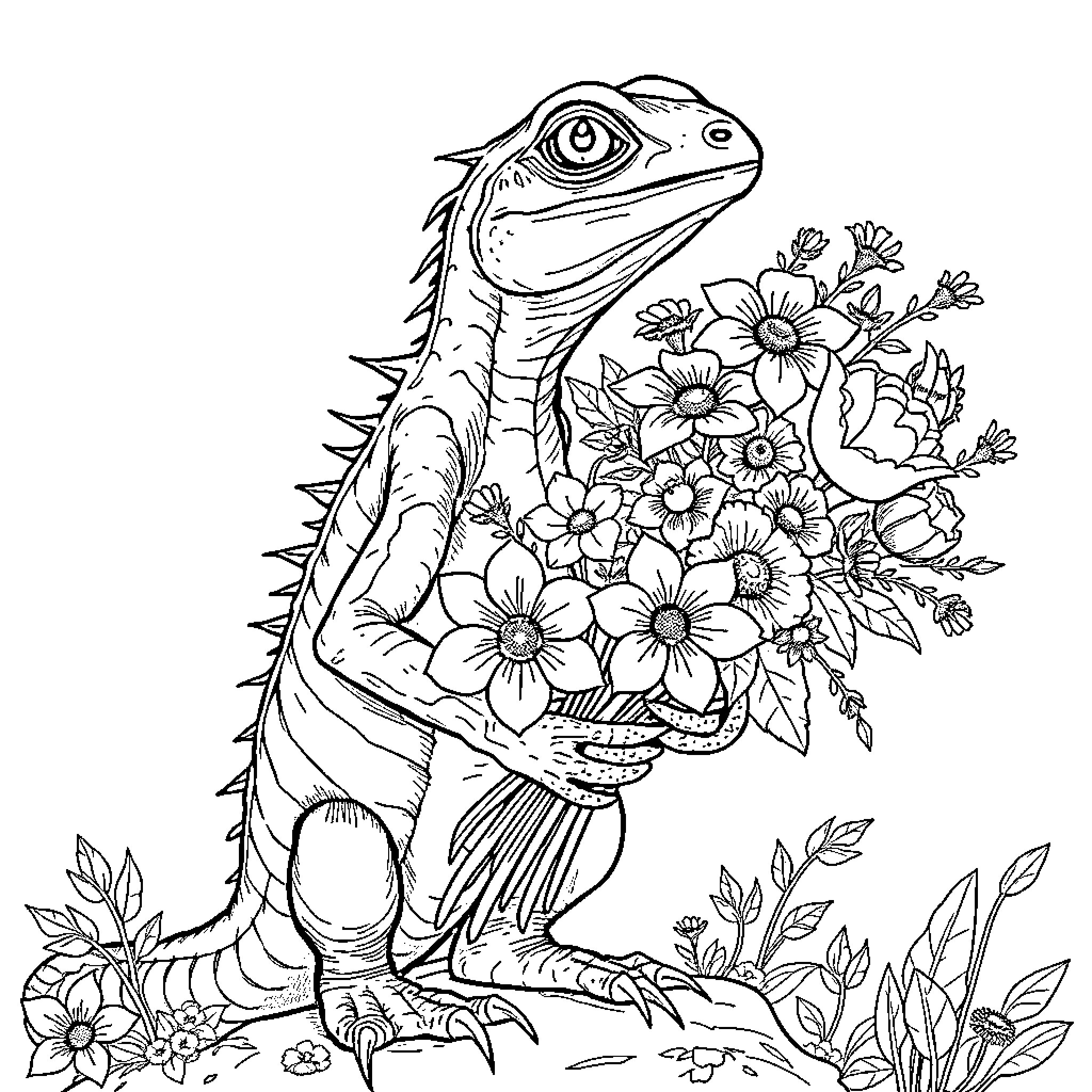 Sleestak holding a bouquet of flowers Coloring Page (free black-and-white line drawing printable PDF for all, from beginners to advanced learners, including children, teens, adults, and seniors)