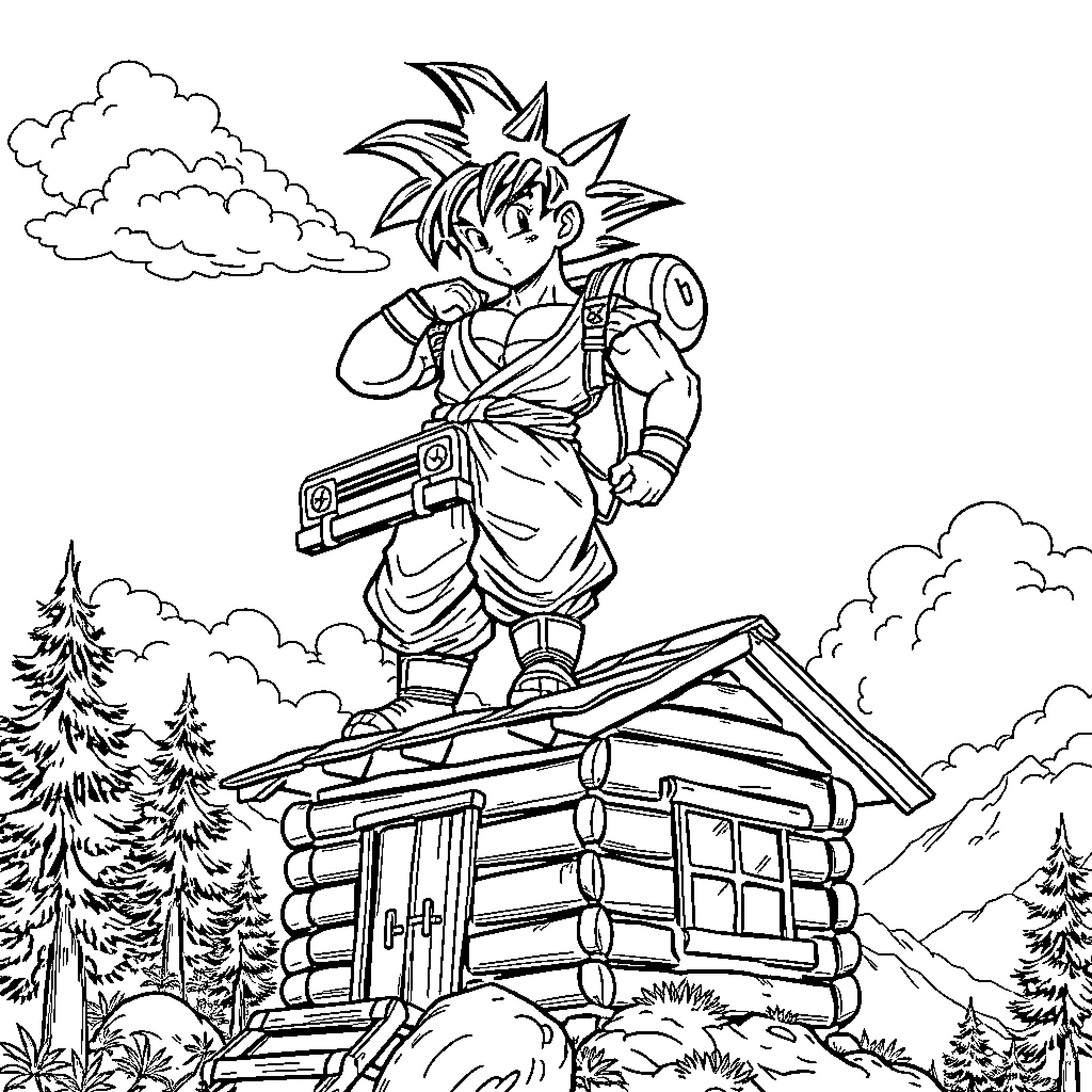 Son Goku in adventurous pose on a log cabin Coloring Page (free black-and-white line drawing printable PDF for all, from beginners to advanced learners, including children, teens, adults, and seniors)