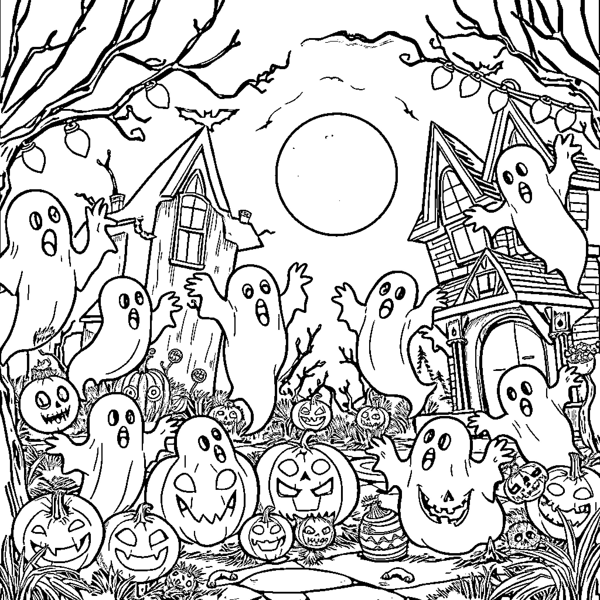 Halloween spooky ghost and pumpkin scene Coloring Page (free black-and-white line drawing printable PDF for all, from beginners to advanced learners, including children, teens, adults, and seniors)
