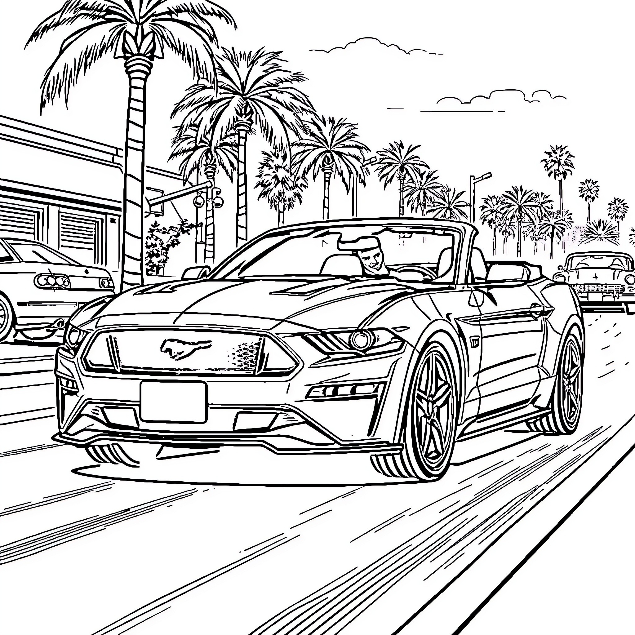 Vanilla Ice's Convertible Cruise in Palm Springs Coloring Page (free black-and-white line drawing printable PDF for all, from beginners to advanced learners, including children, teens, adults, and seniors)