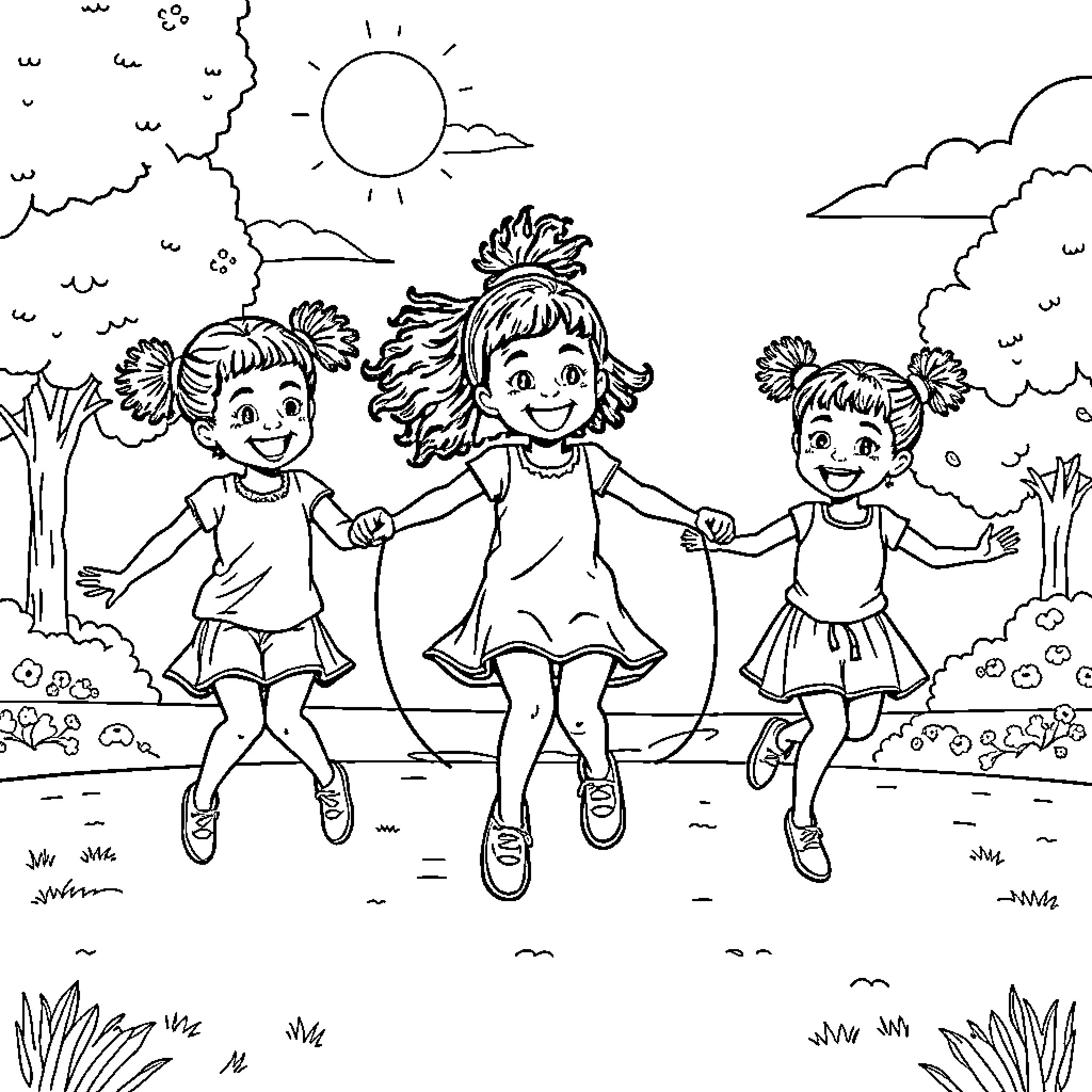 Girl Friends Happily Playing Outdoors Coloring Page (free black-and-white line drawing printable PDF for all, from beginners to advanced learners, including children, teens, adults, and seniors)