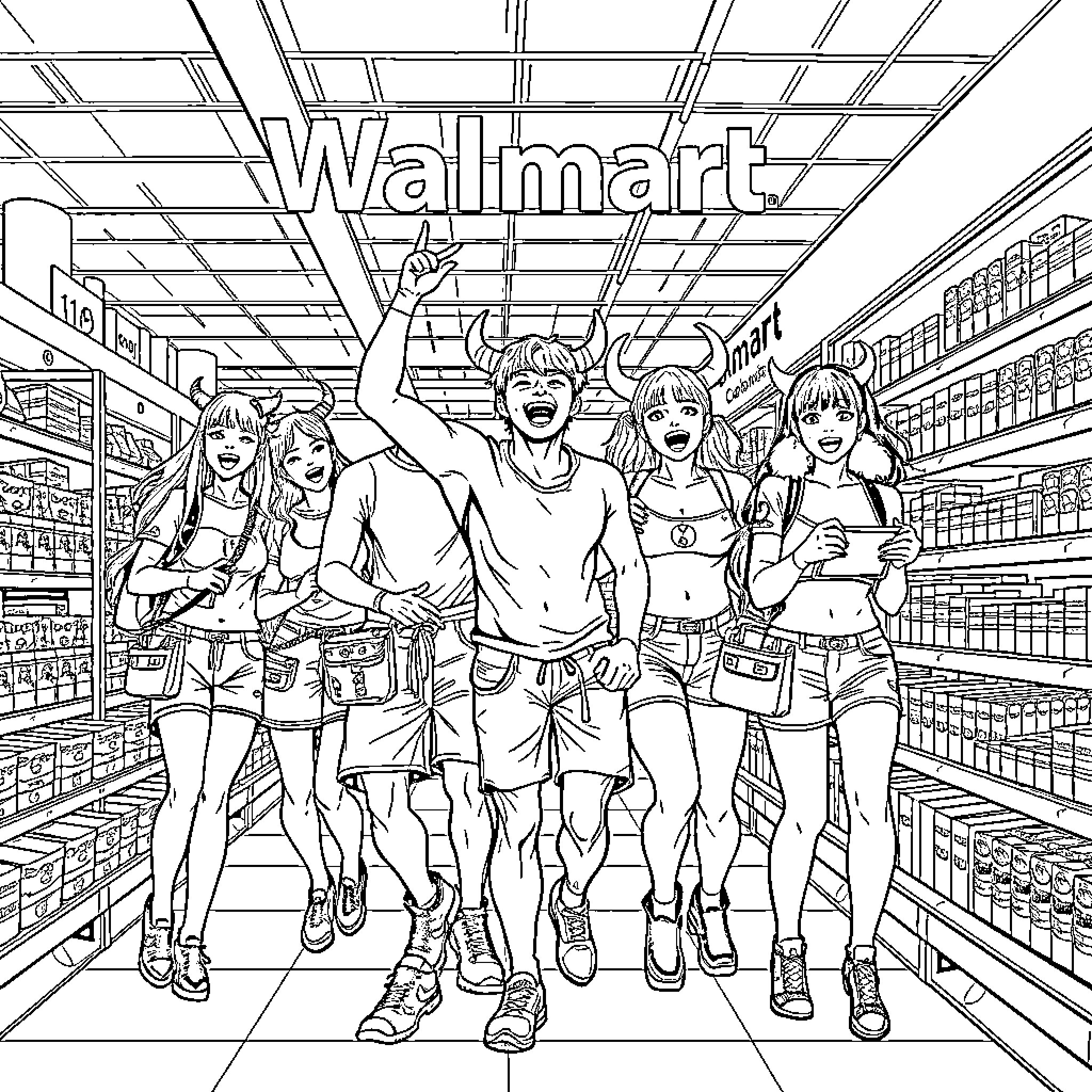 Demon Hunters Storming the Aisles of Walmart Coloring Page (free black-and-white line drawing printable PDF for all, from beginners to advanced learners, including children, teens, adults, and seniors)