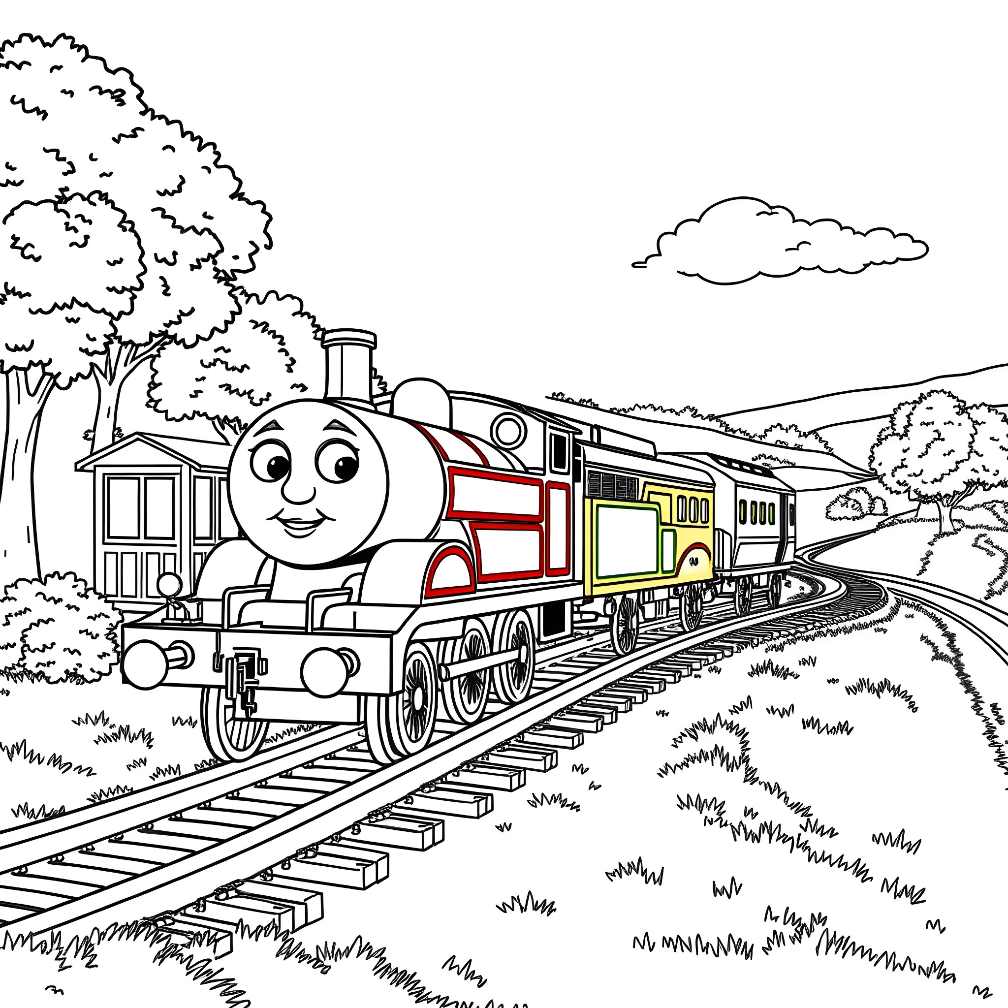 Thomas the train engine traveling through the countryside Coloring Page (free black-and-white line drawing printable PDF for all, from beginners to advanced learners, including children, teens, adults, and seniors)