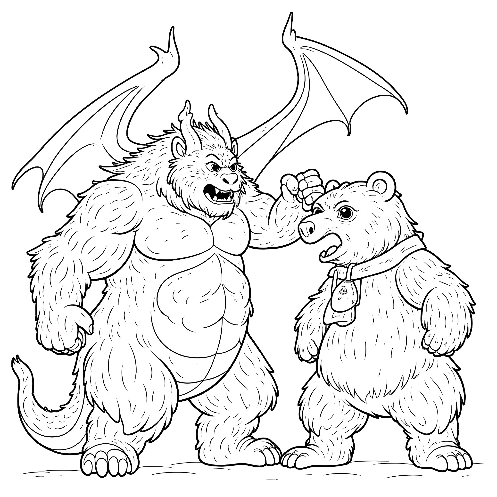 Bear-like creatures in a confrontation Coloring Page (free black-and-white line drawing printable PDF for all, from beginners to advanced learners, including children, teens, adults, and seniors)