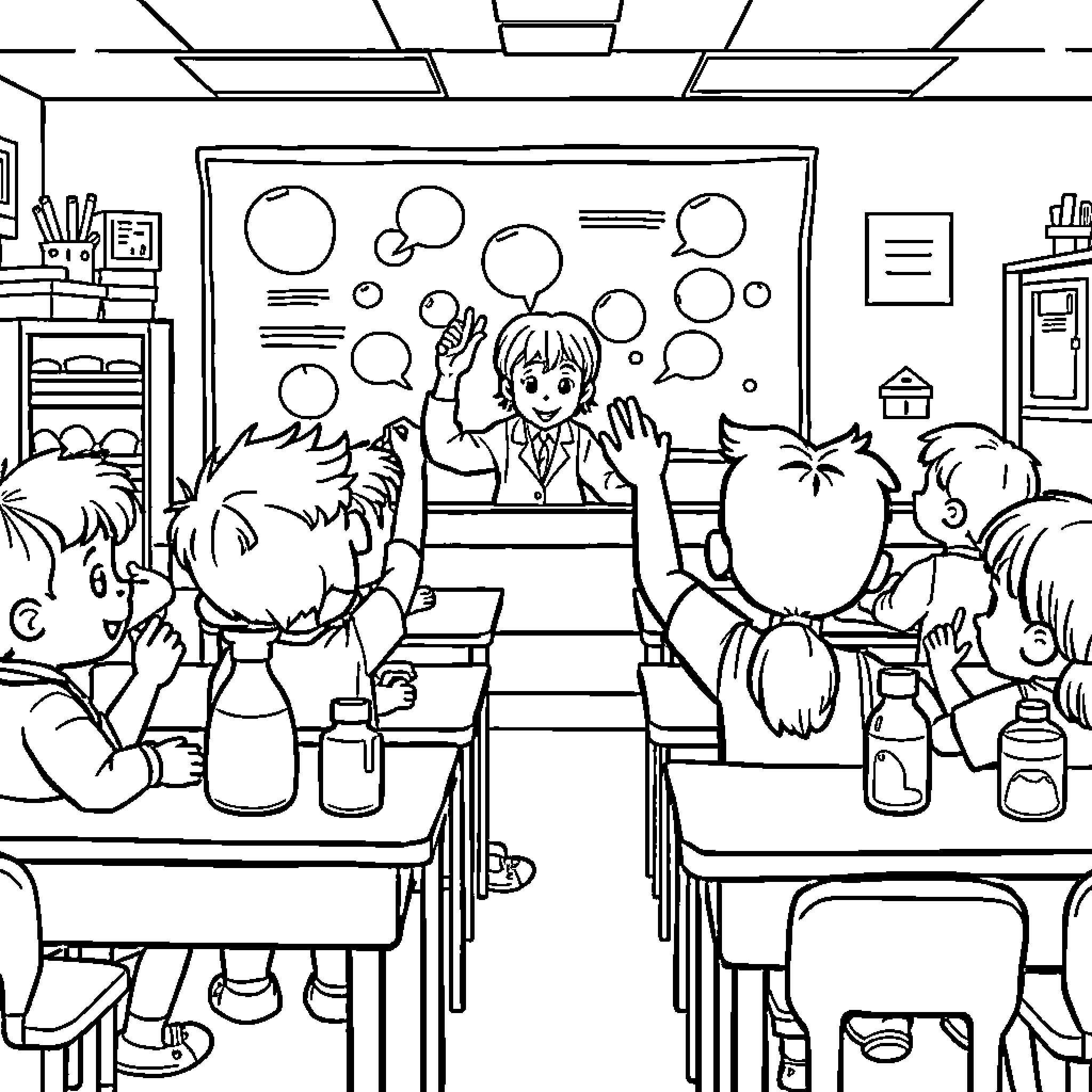 Students Engaged in Classroom Learning Activities Coloring Page (free black-and-white line drawing printable PDF for all, from beginners to advanced learners, including children, teens, adults, and seniors)