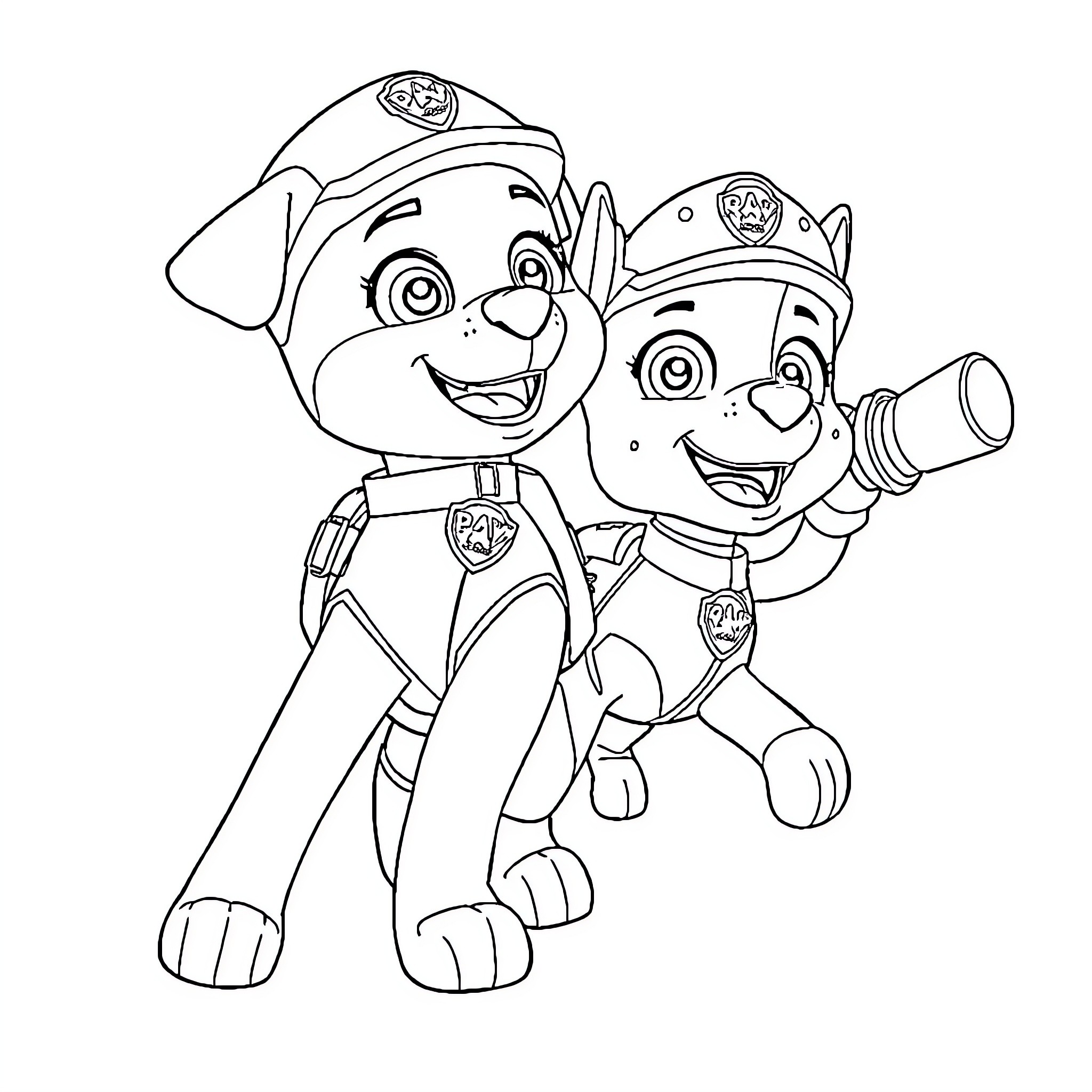 Paw Patrol friends in uniform and poses Coloring Page (free black-and-white line drawing printable PDF for all, from beginners to advanced learners, including children, teens, adults, and seniors)