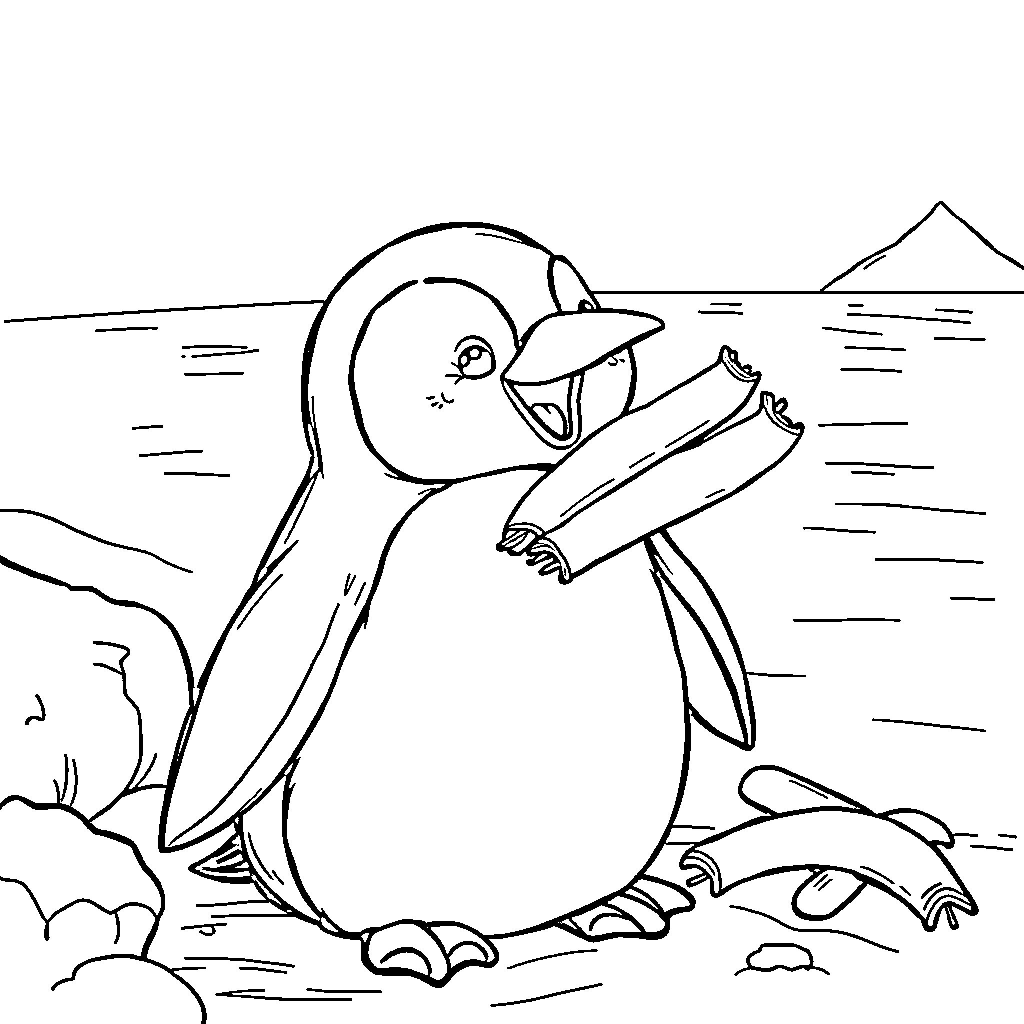 Penguin holding a fish in a snowy landscape Coloring Page (free black-and-white line drawing printable PDF for all, from beginners to advanced learners, including children, teens, adults, and seniors)