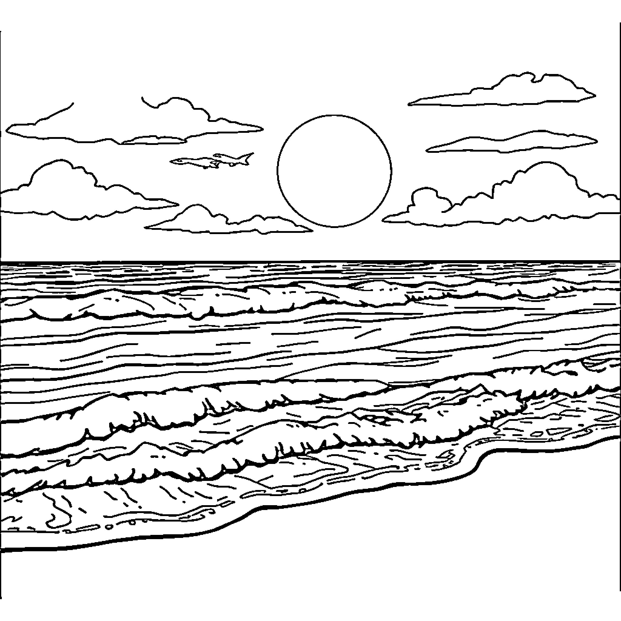 Calm ocean landscape with cloudy sky Coloring Page (free black-and-white line drawing printable PDF for all, from beginners to advanced learners, including children, teens, adults, and seniors)