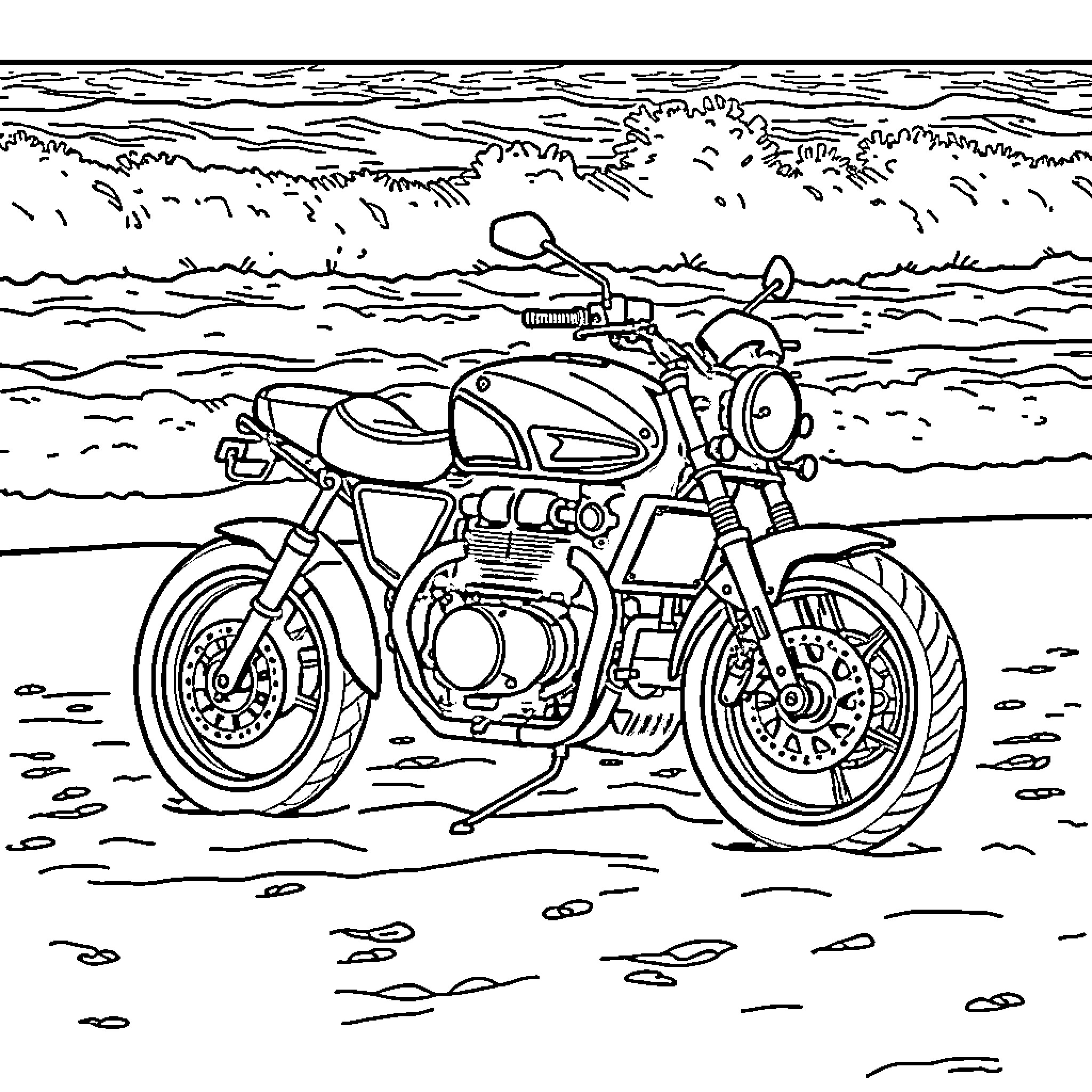 Z650 motorcycle on the beach Coloring Page (free black-and-white line drawing printable PDF for all, from beginners to advanced learners, including children, teens, adults, and seniors)