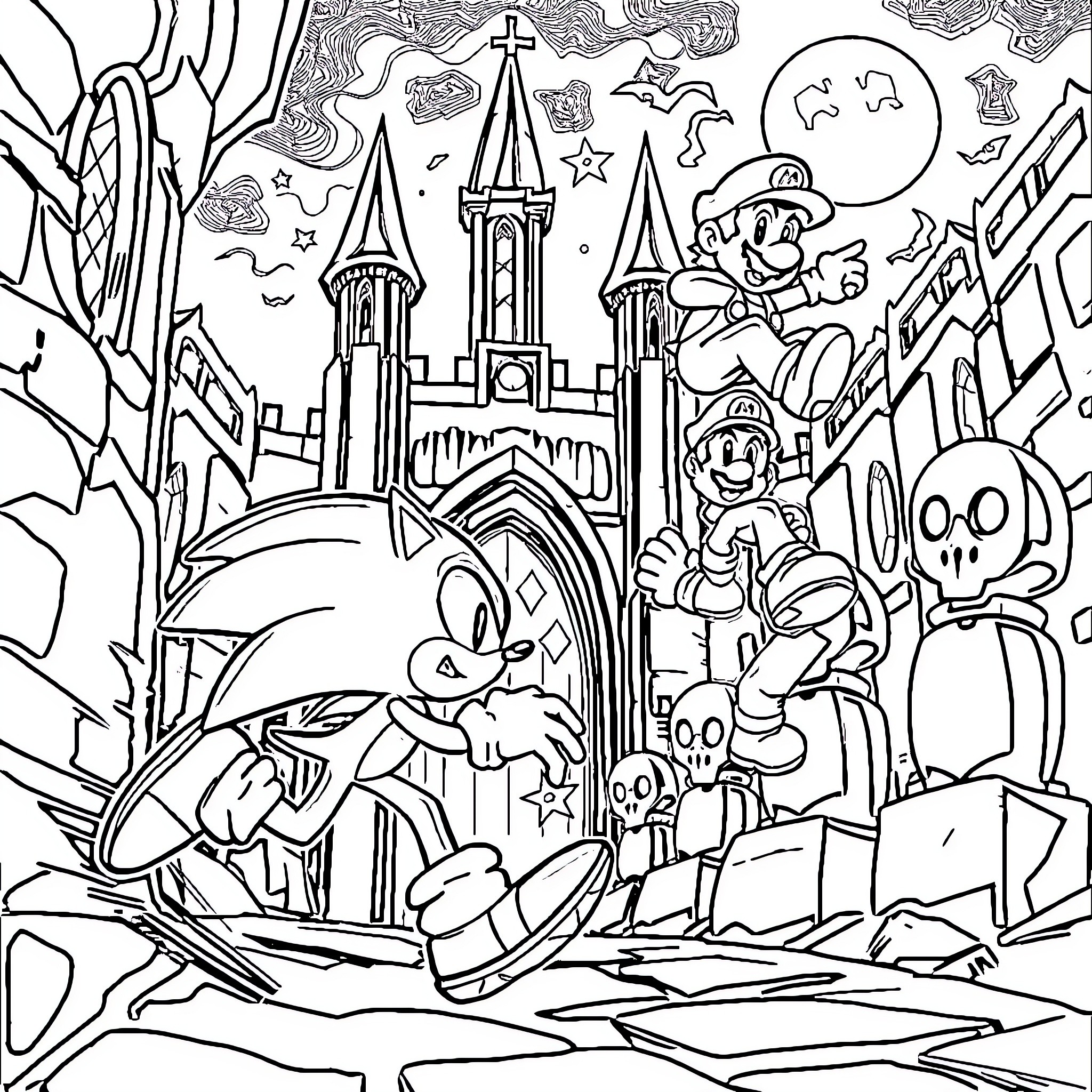 Sonic's Whimsical Adventure in a Fantastical World Coloring Page (free black-and-white line drawing printable PDF for all, from beginners to advanced learners, including children, teens, adults, and seniors)
