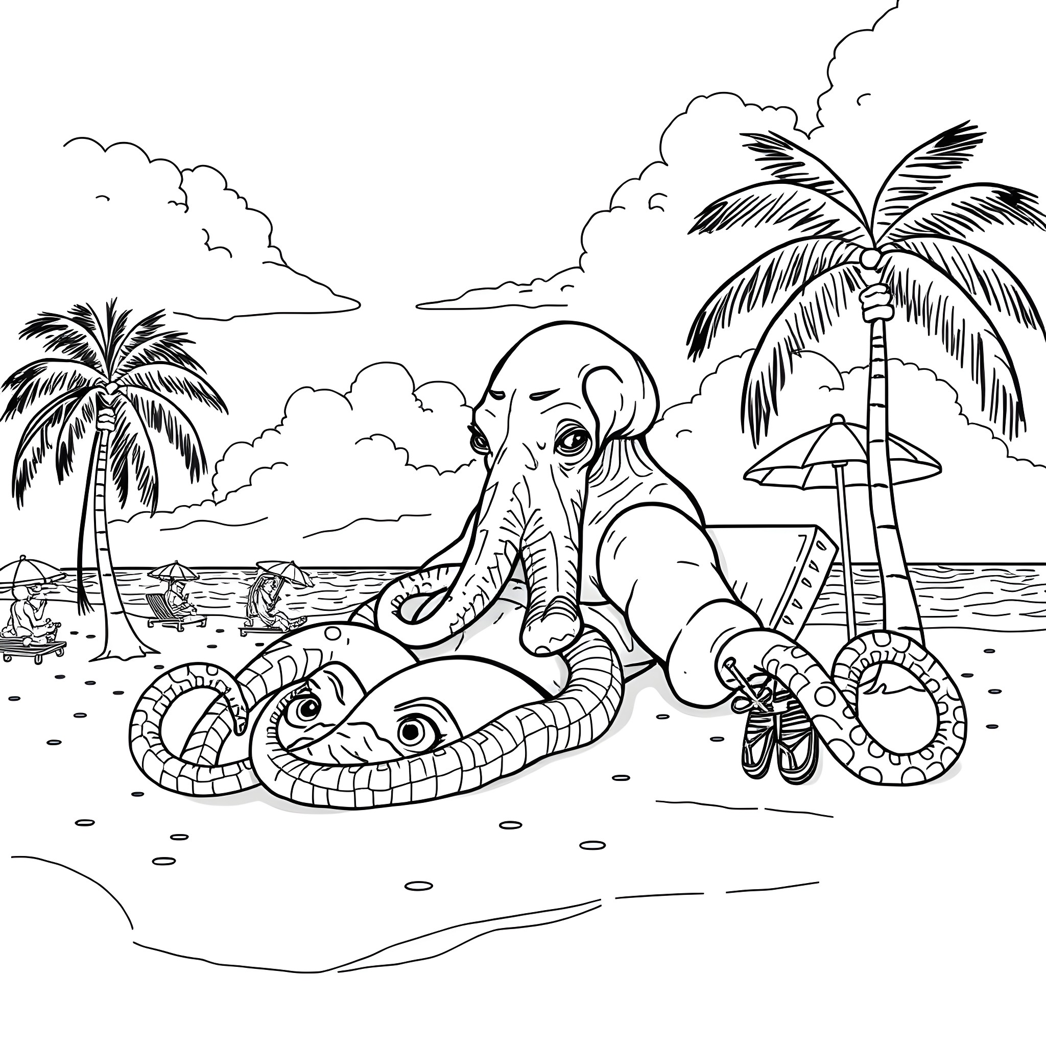 Cthulu lounging on the beach with sea creatures Coloring Page (free black-and-white line drawing printable PDF for all, from beginners to advanced learners, including children, teens, adults, and seniors)
