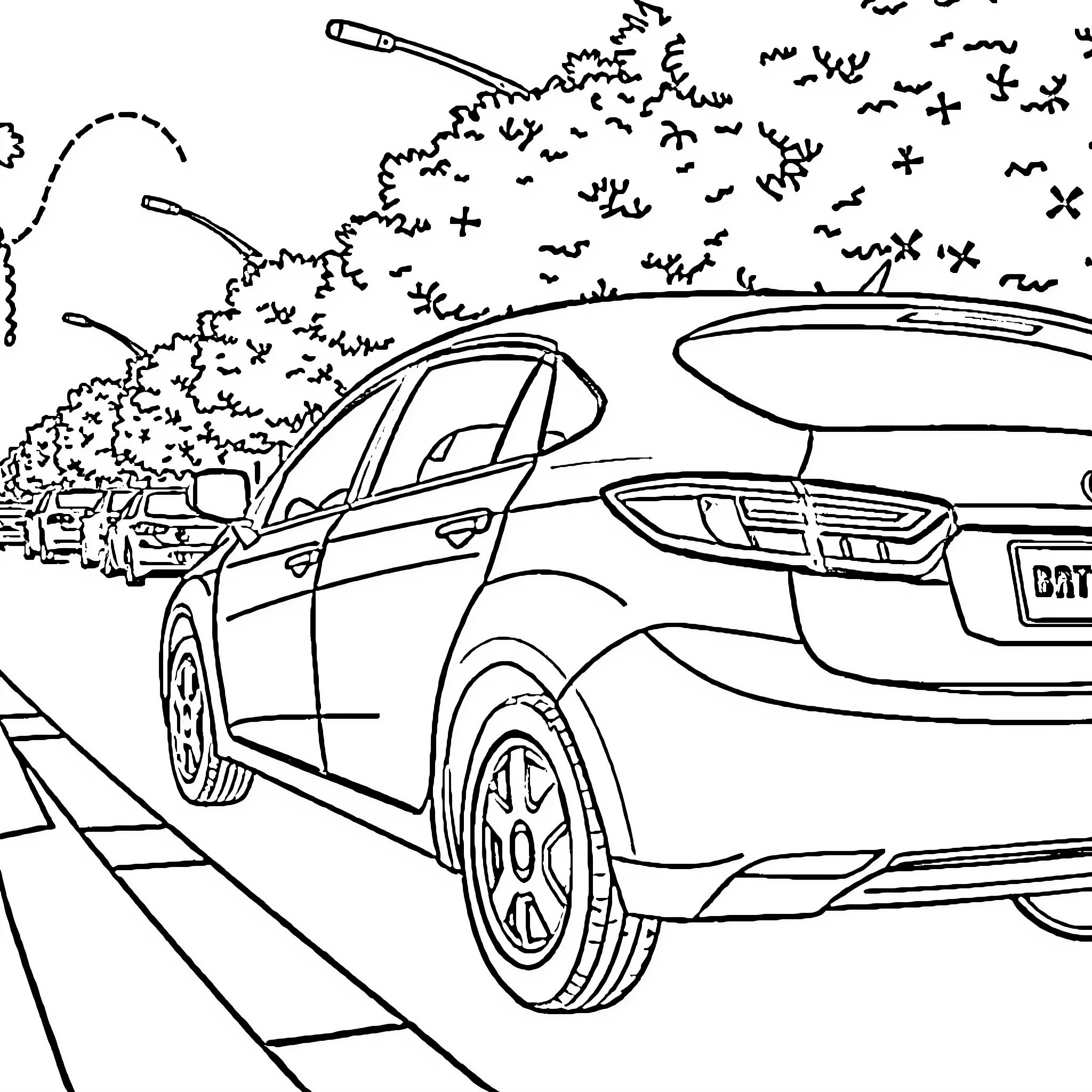 Mobil cars on the move through cityscape Coloring Page (free black-and-white line drawing printable PDF for all, from beginners to advanced learners, including children, teens, adults, and seniors)