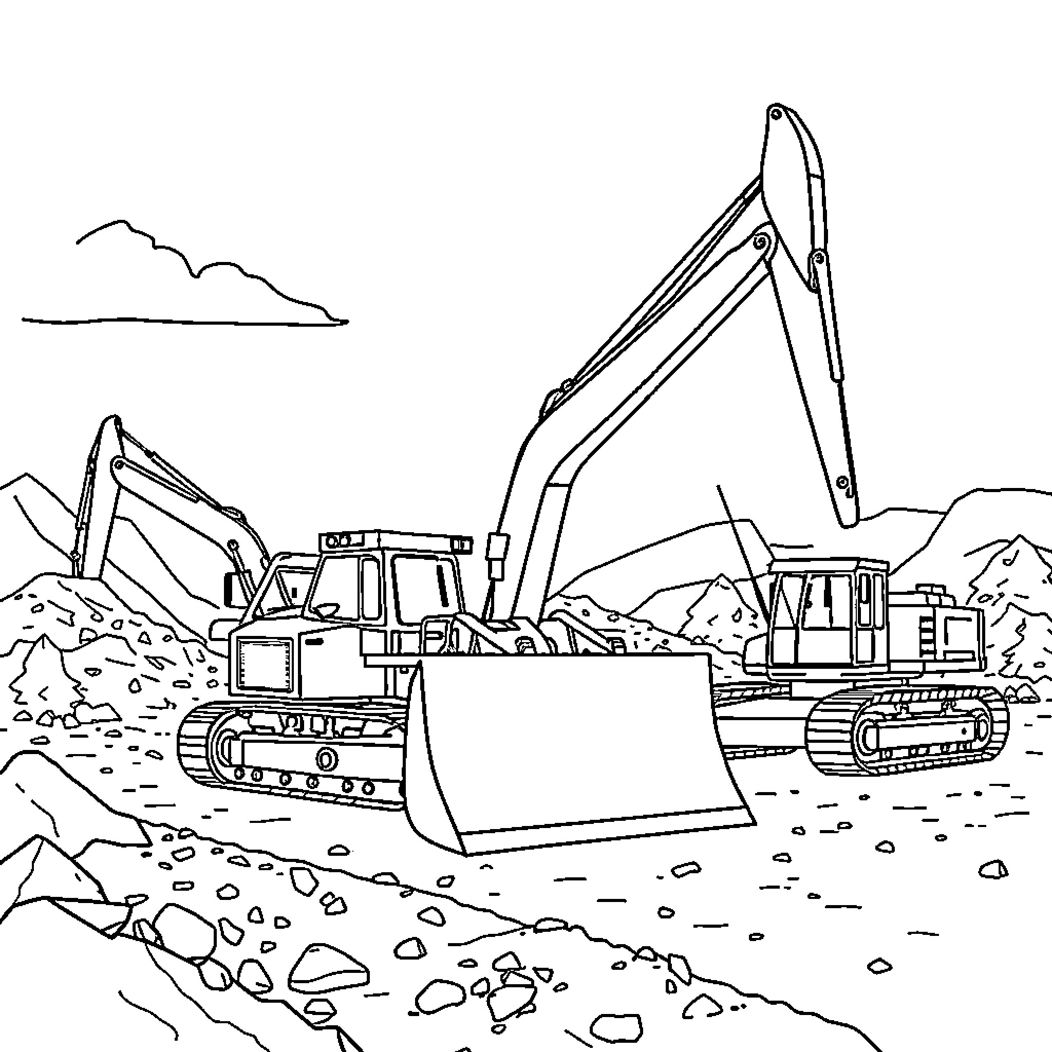 Equipment constructing at construction site Coloring Page (free black-and-white line drawing printable PDF for all, from beginners to advanced learners, including children, teens, adults, and seniors)
