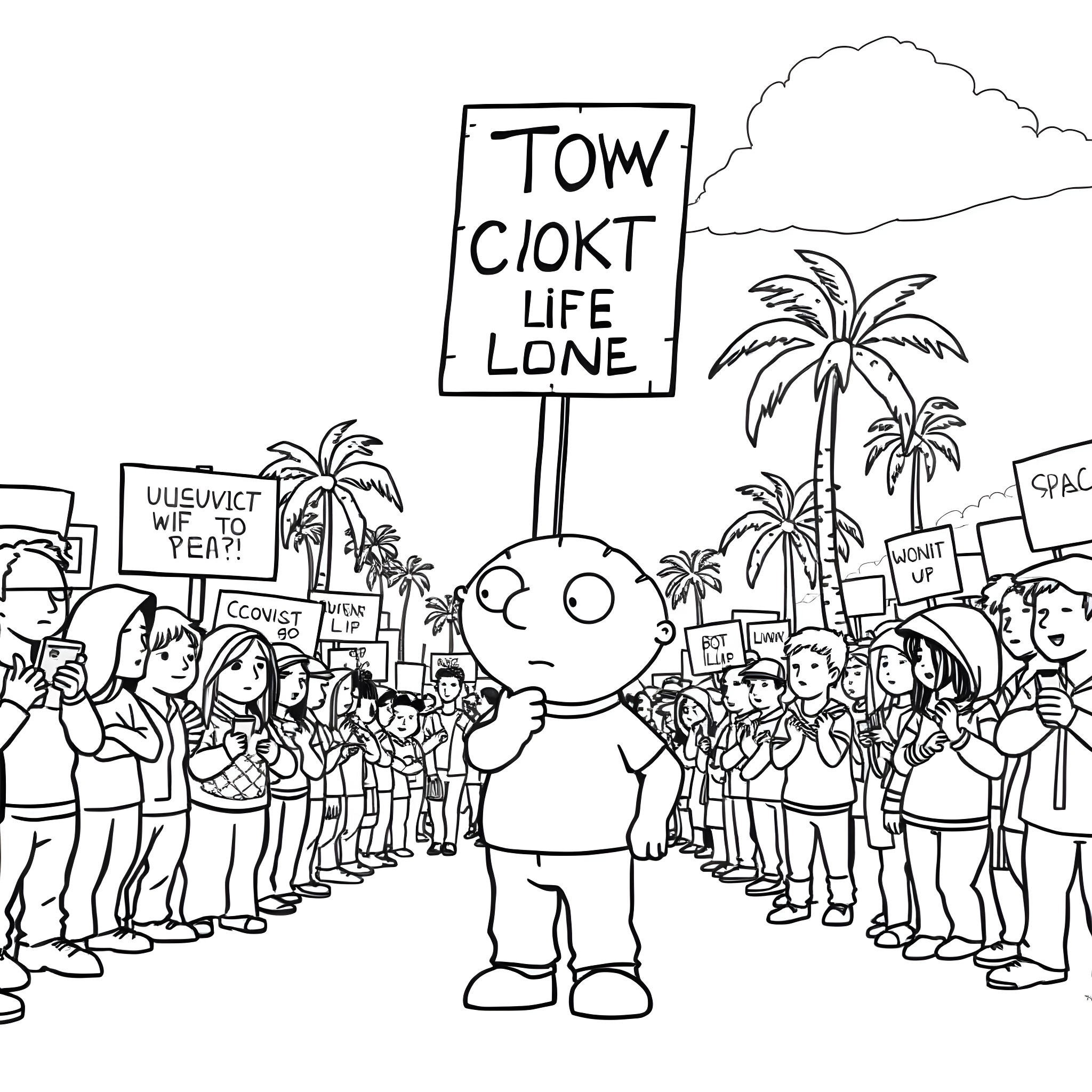 Stewie Griffin leads a protest rally with signs and crowds Coloring Page (free black-and-white line drawing printable PDF for all, from beginners to advanced learners, including children, teens, adults, and seniors)