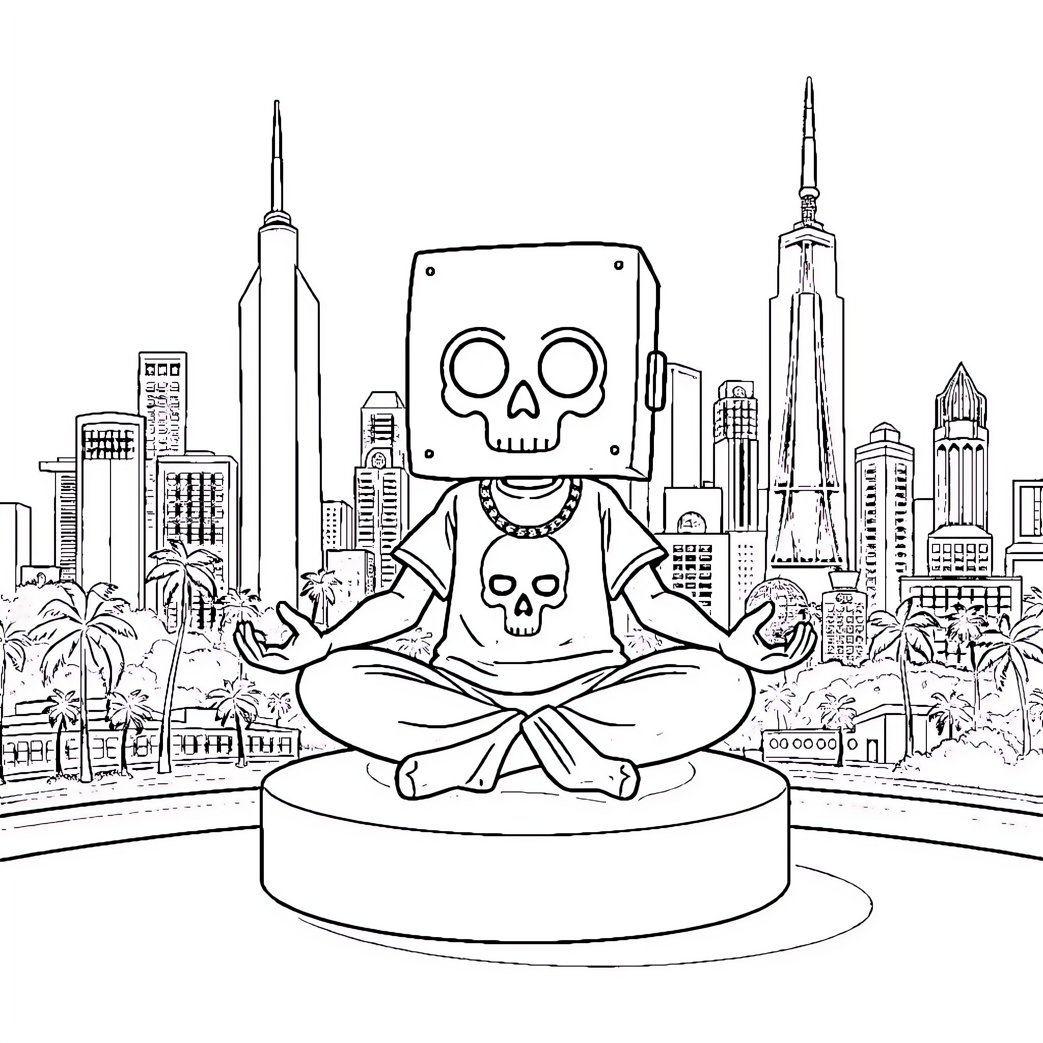 Box-Headed Character Meditating in City Skyline Coloring Page (free black-and-white line drawing printable PDF for all, from beginners to advanced learners, including children, teens, adults, and seniors)