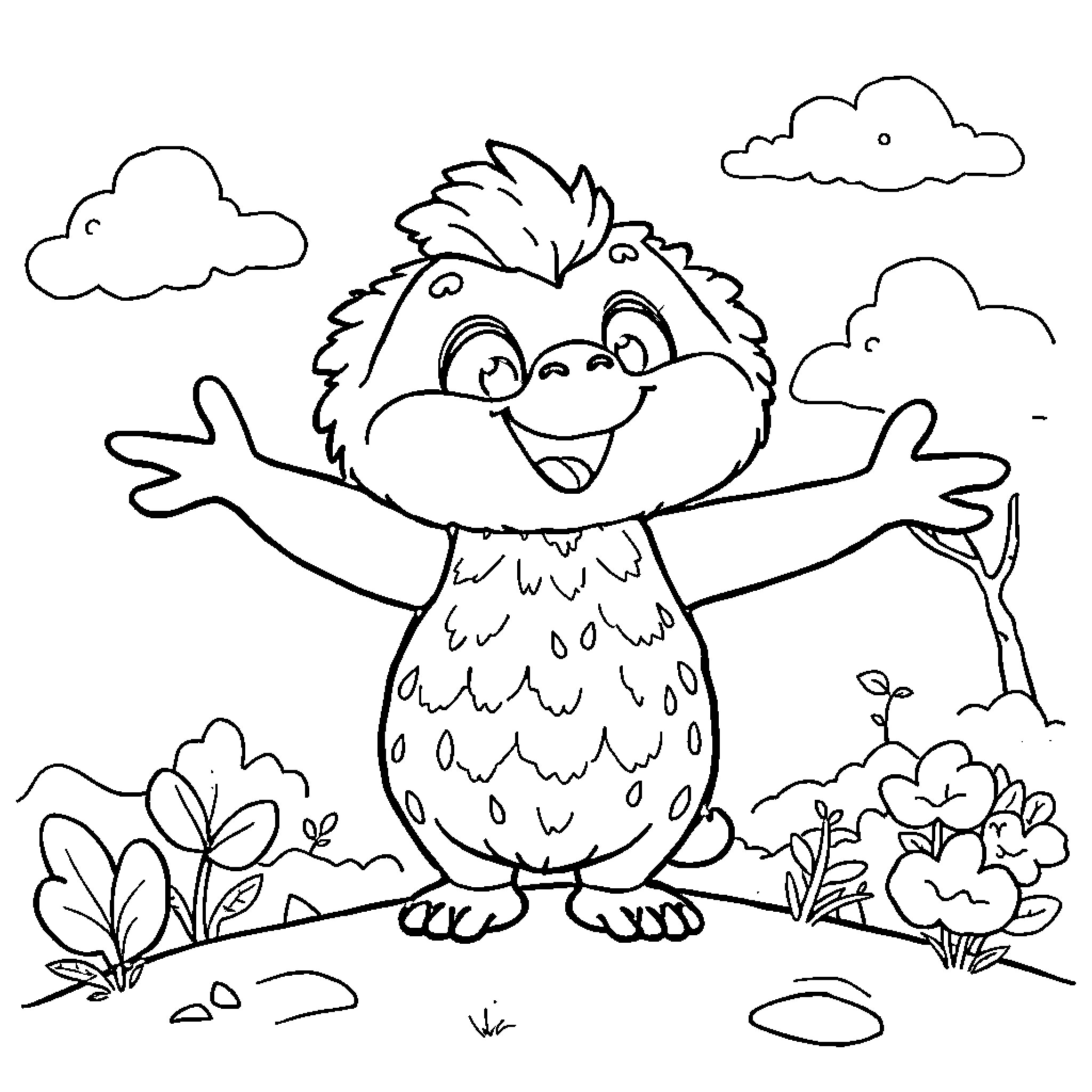 Labubu the Joyful Creature in Whimsical Outdoor Scene Coloring Page (free black-and-white line drawing printable PDF for all, from beginners to advanced learners, including children, teens, adults, and seniors)