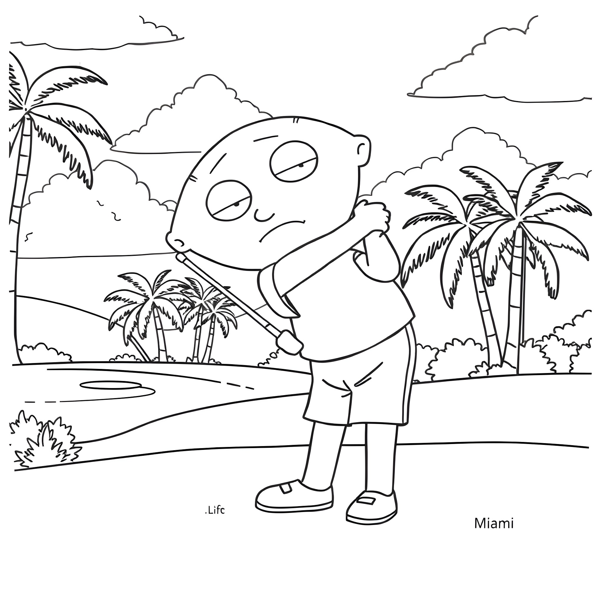 Stewie explores the tropical beach scenery Coloring Page (free black-and-white line drawing printable PDF for all, from beginners to advanced learners, including children, teens, adults, and seniors)