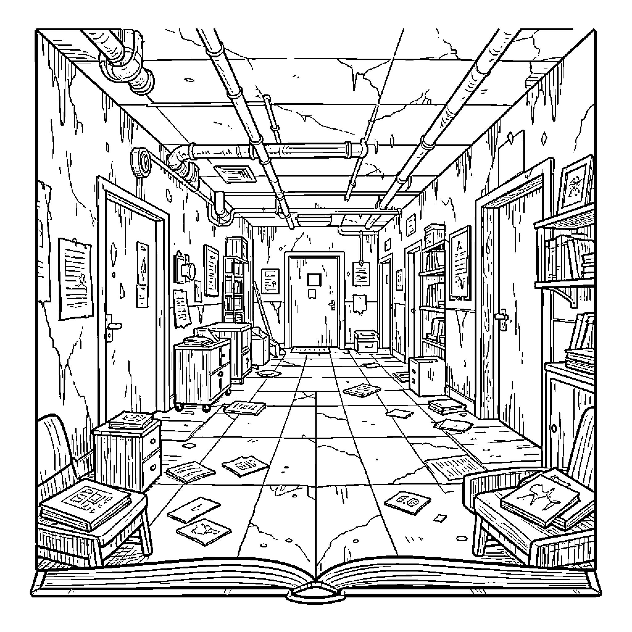 Backrooms corridor with abandoned office furniture and papers Coloring Page (free black-and-white line drawing printable PDF for all, from beginners to advanced learners, including children, teens, adults, and seniors)