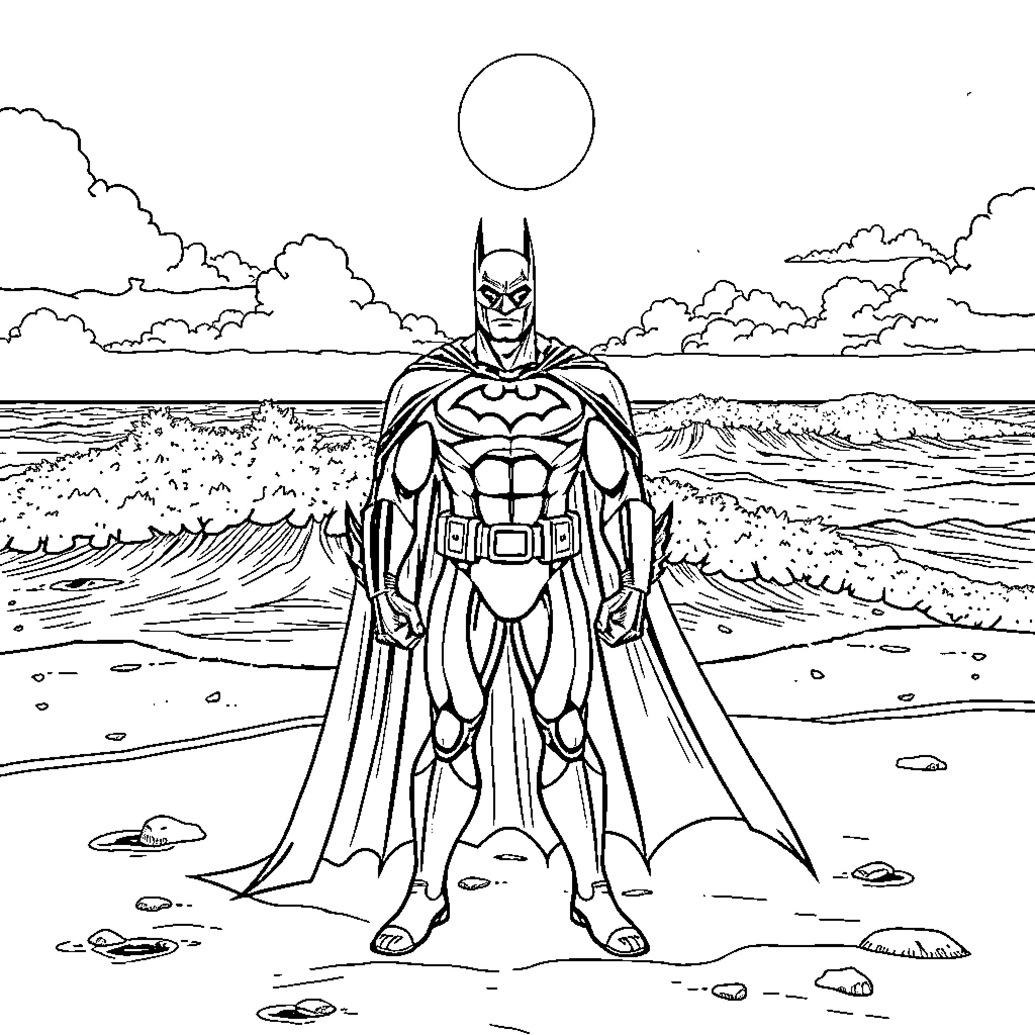 Batman standing vigilantly on a beach Coloring Page (free black-and-white line drawing printable PDF for all, from beginners to advanced learners, including children, teens, adults, and seniors)