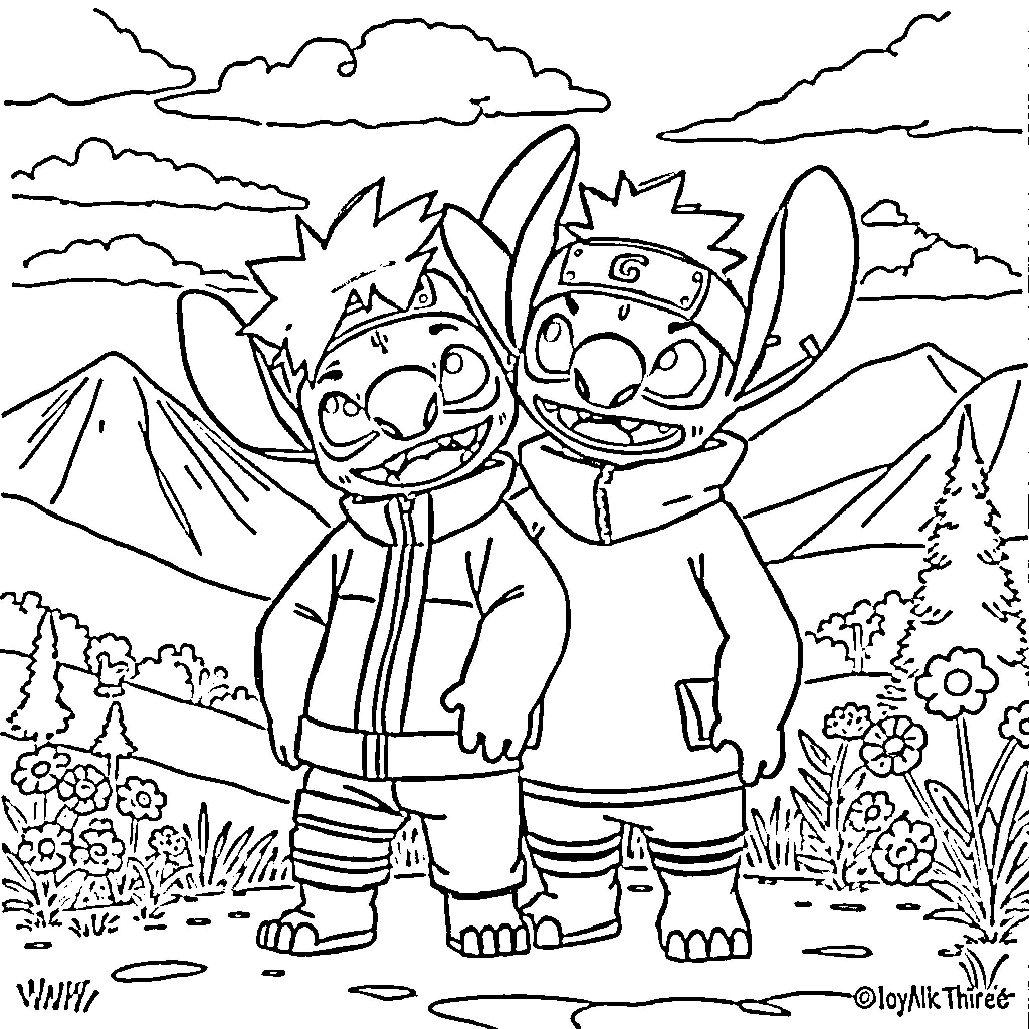 Naruto characters in a natural landscape Coloring Page (free black-and-white line drawing printable PDF for all, from beginners to advanced learners, including children, teens, adults, and seniors)