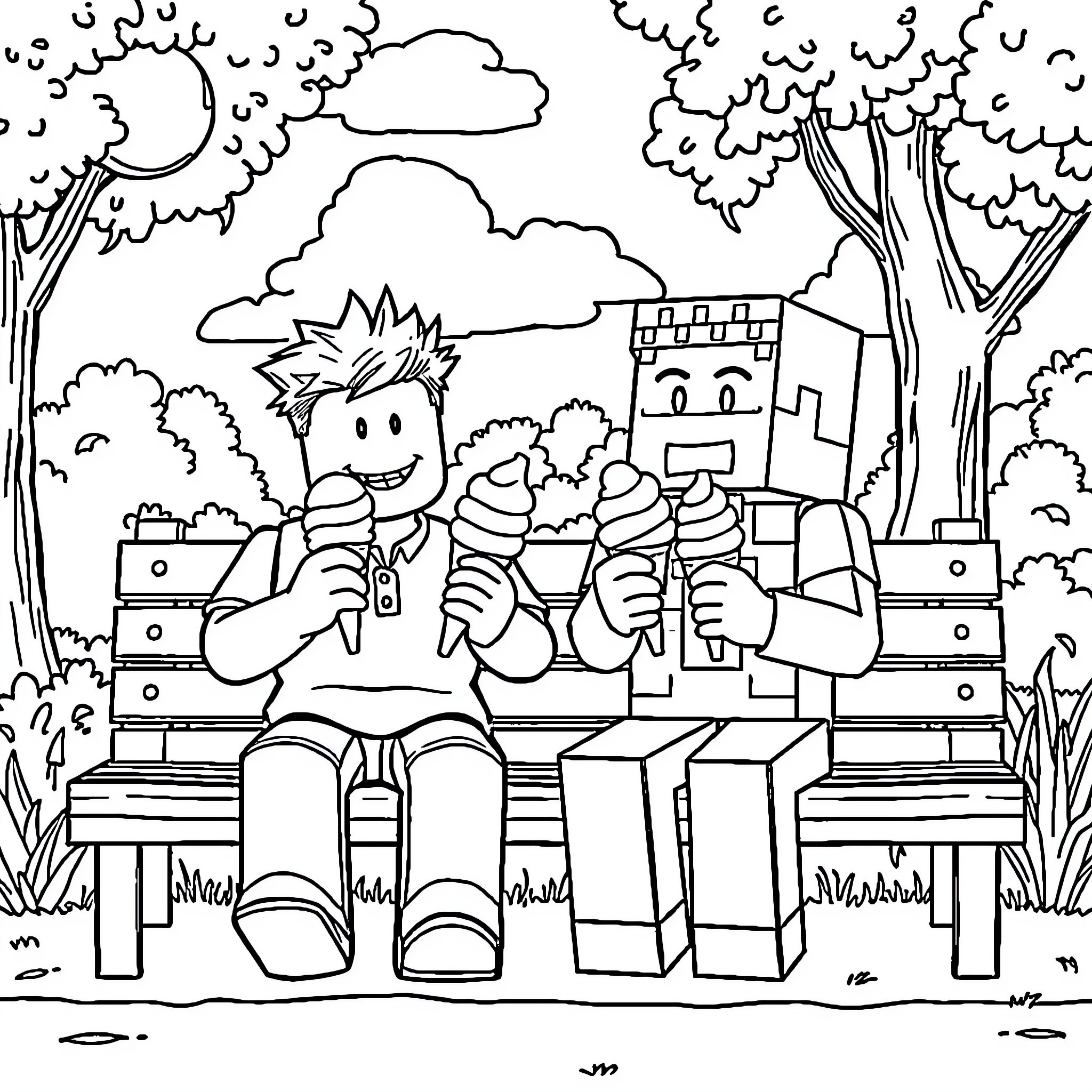 Roblox Guy Enjoying Ice Cream on a Park Bench Coloring Page (free black-and-white line drawing printable PDF for all, from beginners to advanced learners, including children, teens, adults, and seniors)
