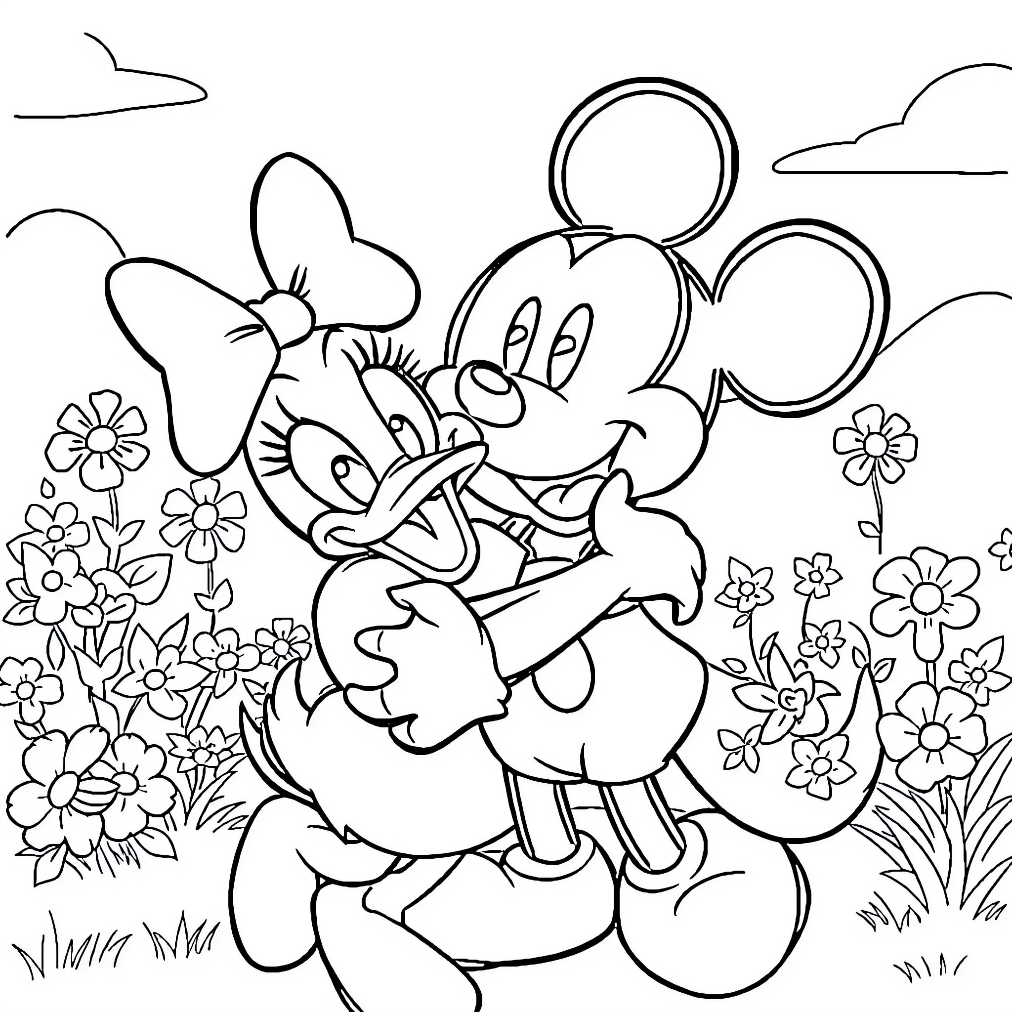 Mickey Mouse and Minnie Mouse in a flowery meadow Coloring Page (free black-and-white line drawing printable PDF for all, from beginners to advanced learners, including children, teens, adults, and seniors)