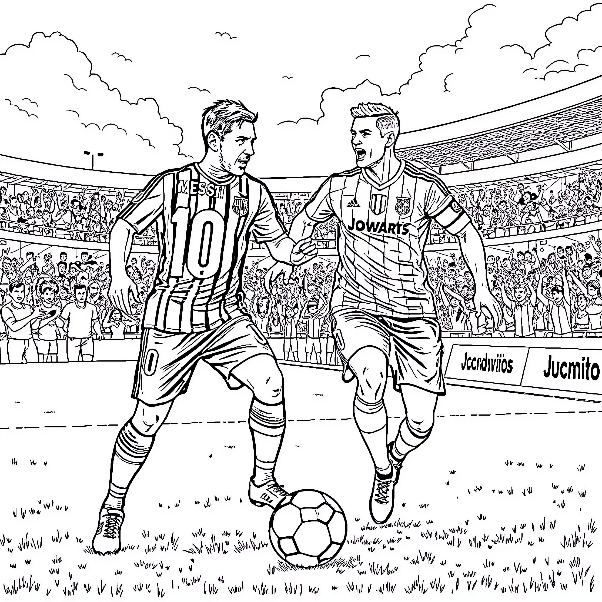 Messi and teammate playing soccer in a stadium Coloring Page (free black-and-white line drawing printable PDF for all, from beginners to advanced learners, including children, teens, adults, and seniors)